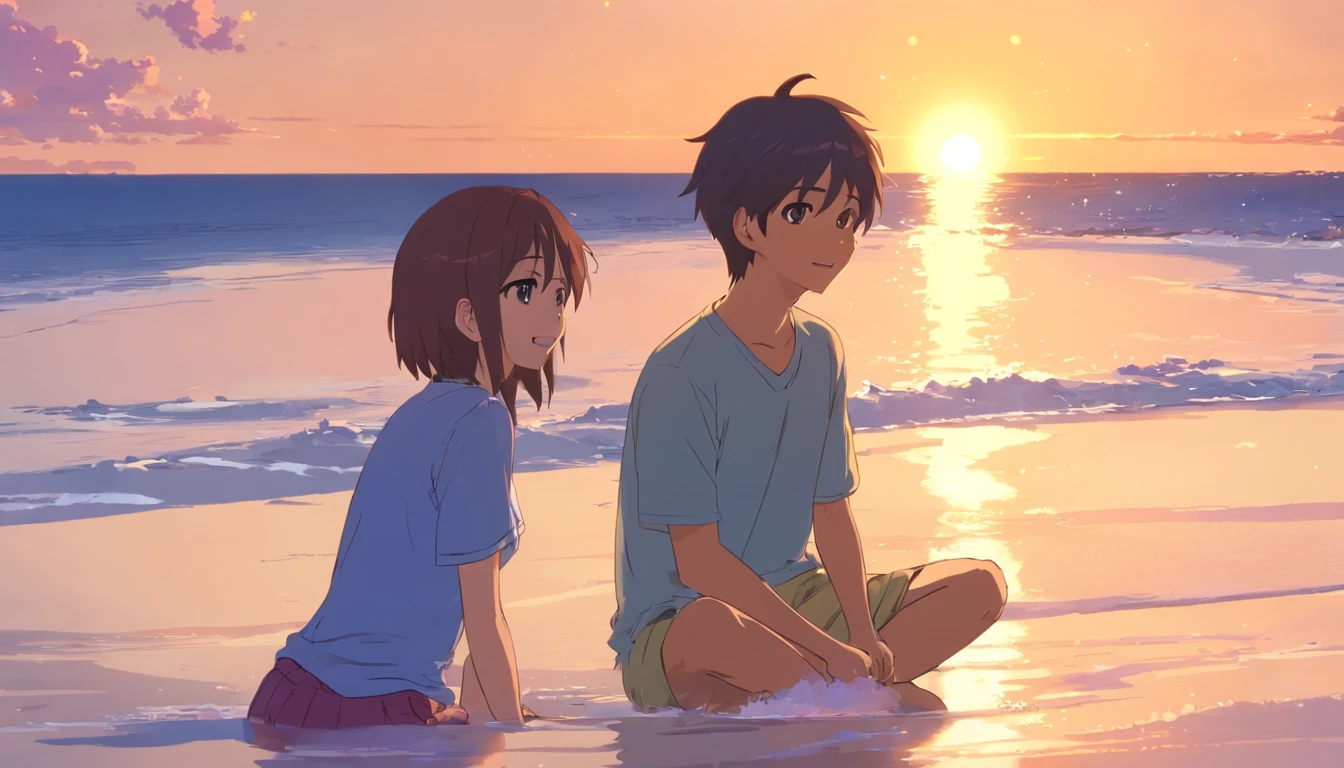 masterpiece, best quality, {{{2boys}}}, {{cum_inside}}, seductive smile, comic, on the beach, large_insertion, _insertion,