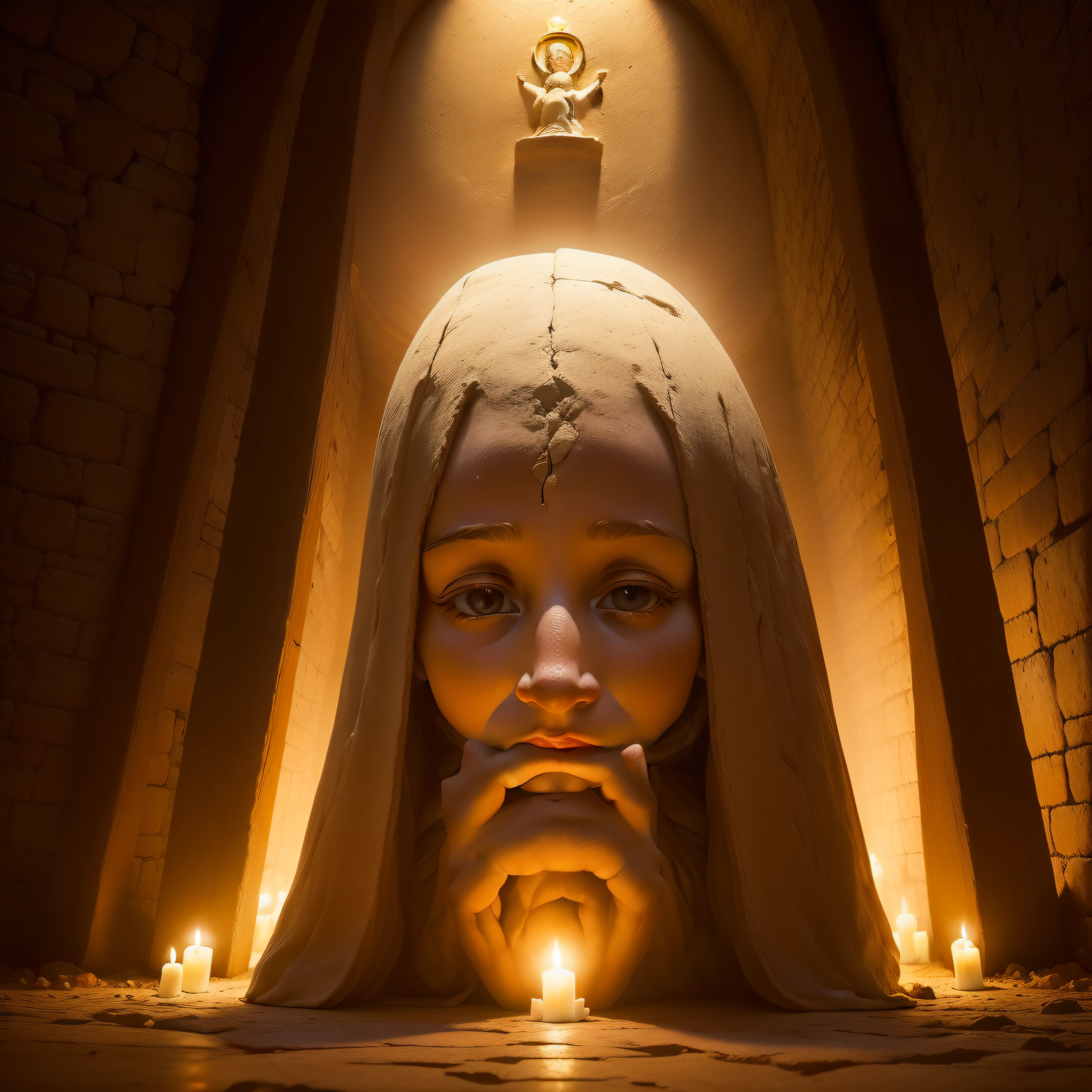 (extremadamente detallado, obra maestra, La mejor calidad, foto antigua, principios de siglo) esculturas religiosas dentre de una cueva iluminada por velas, lugar sucio, warm lights.