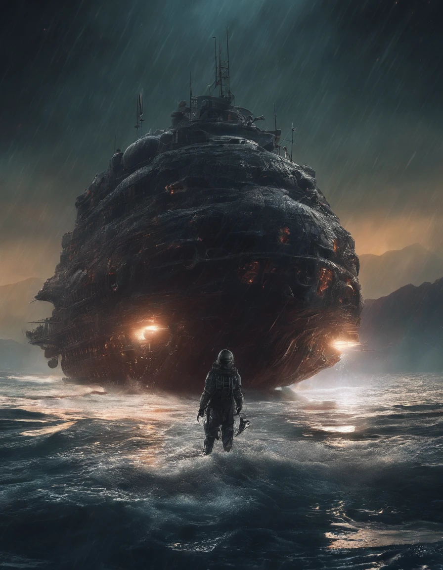 Ugly alien monsters, Body shape huge, standing in ocean, tosen, There is a small fishing boat around, A grand spectacle, Oppressive atmosphere, surrealism, Chiaroscuro, Cinematic lighting, Wide shot, Masterpiece, ccurate, Anatomically correct, Super detail, High details, Best quality