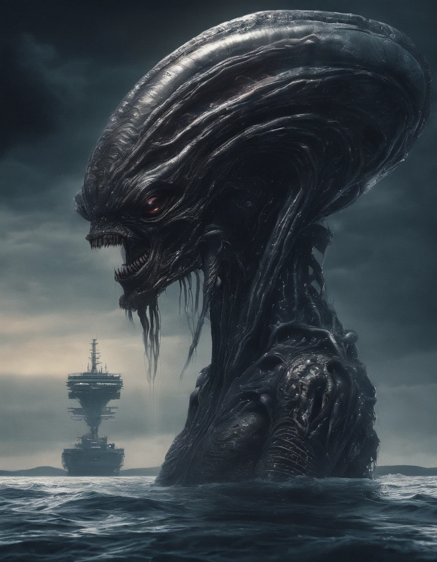 Ugly alien monsters, Body shape huge, standing in ocean, tosen, There is a small fishing boat around, A grand spectacle, Oppressive atmosphere, surrealism, Chiaroscuro, Cinematic lighting, Wide shot, Masterpiece, ccurate, Anatomically correct, Super detail, High details, Best quality