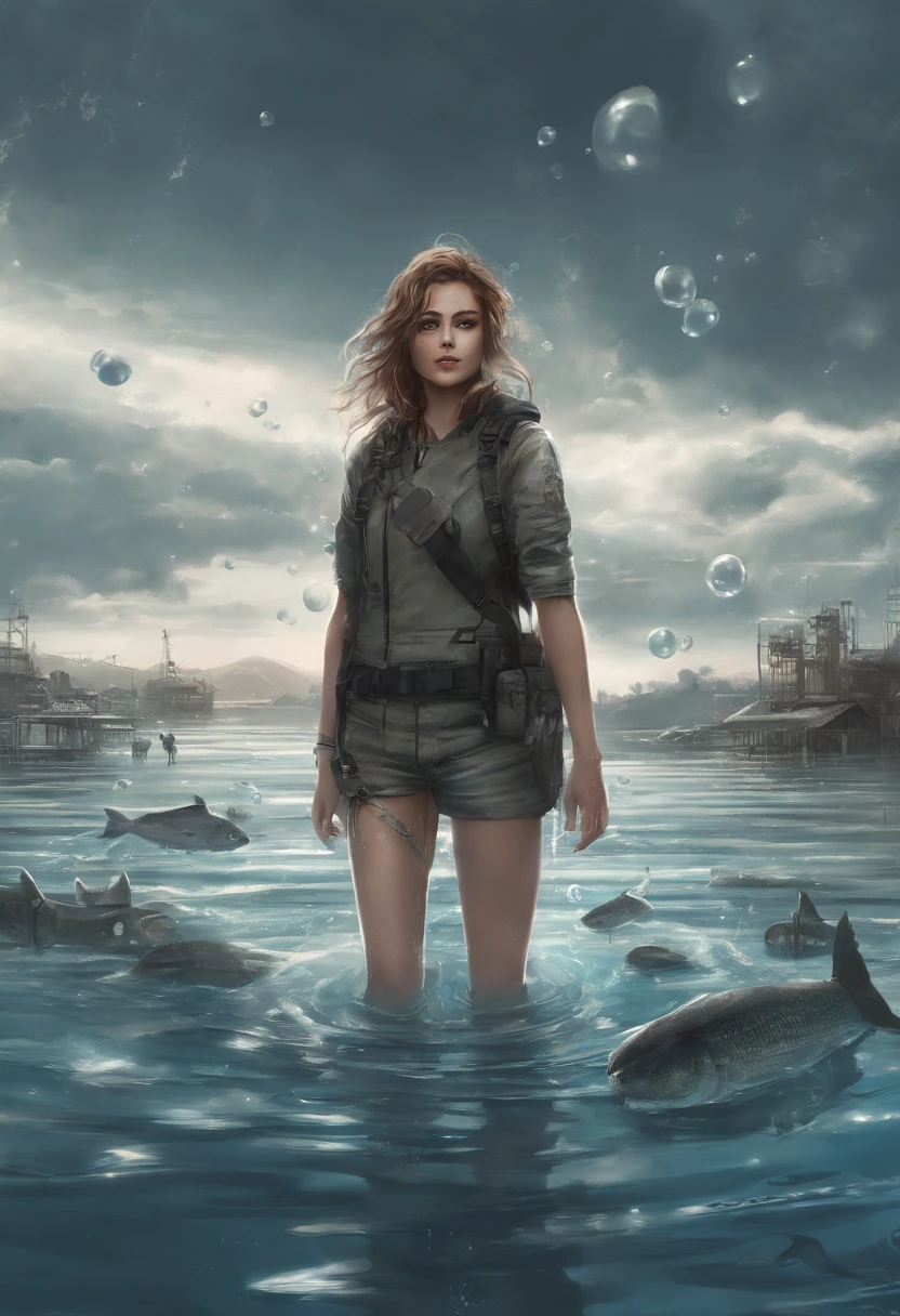 There is a girl swimming in the water, happy smile, sunny face, innocent girl, big, lots of blisters, bubbles, a lot of fish, cute digital painting, beautiful digital artwork, realistic effect, high texture