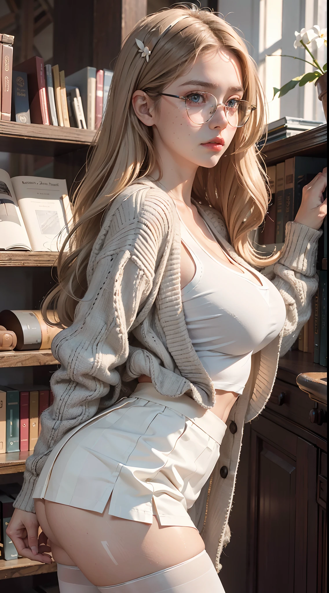 fantastic realism, bokeh, 1girl (30 years old),brown hair,gigantic breasts,hard nipple,slim waist,wide hips,thick thighs,frown,Standing by the bookshelf in a library,perfect ass,bubble butt,reading, yellow pupil,with glasses,((blush)),shy,A small amount of freckles, ((light blue cardigan and white shirt and gray skirt)),A skirt that has already been lifted,((white pantyhose)),wavy blonde hair,long  hair,hairpin, nsfw, beautifully detailed woman, beautifully detailed mouth, extremely detailed eyes and face, beautiful detailed eyes,cameltoe,bare ass,cum on ass,thick cum on ass,expose her buttocks