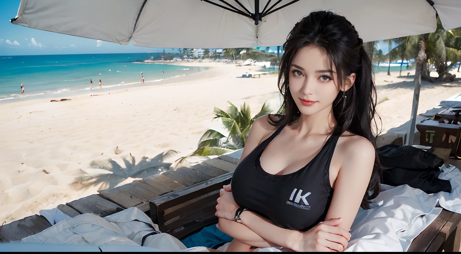((best qualtiy, 8K, tmasterpiece:1.3)), edgy:1.2, A beautiful woman with a perfect body:1.4, Slim Abs:1.2, ((Layered hairstyle, tits huge:1.5)), (Athens,the street:1.2),saturated:1.5,Highly detailed facial and skin texture,A detailed eye,Double eyelidd,Look at the camera sideways,open shirt,navels,exposed navel,Cover your chest with your hands,hands on breasts, , Sunny weather, seaside, waves, palm tree, White t-shirt and ripped shorts, Sunny weather, seaside, waves, palm tree, White t-shirt and ripped shorts, Sunny weather, seaside, waves, palm tree, (Huge black NiIKE logo on chest), (White tank top T-shirt and ripped shorts)(Huge black NiIKE logo on chest), (White tank top T-shirt and ripped shorts)(Huge black NiIKE logo on chest), (White tank top T-shirt and ripped shorts)(Huge black NiIKE logo on chest), (White tank top T-shirt and ripped shorts), (Long hair), (Long hair), (Long hair), (White tank top t-shirt and ripped jeans), enormous breast, enormous breast, enormous breast, enormous breast, (She crossed her arms and said,), (She crossed her arms and said,), (She crossed her arms and said,), (She crossed her arms and said,), (Beach umbrellas, cocktail), (Beach umbrellas, cocktail), (Beach umbrellas, cocktail)(Sorrisos), (navels), (Sorrisos), (navels), (Sorrisos), (navels), (Sorrisos), (navels), (Sorrisos), (navels), (Sorrisos), (navels)