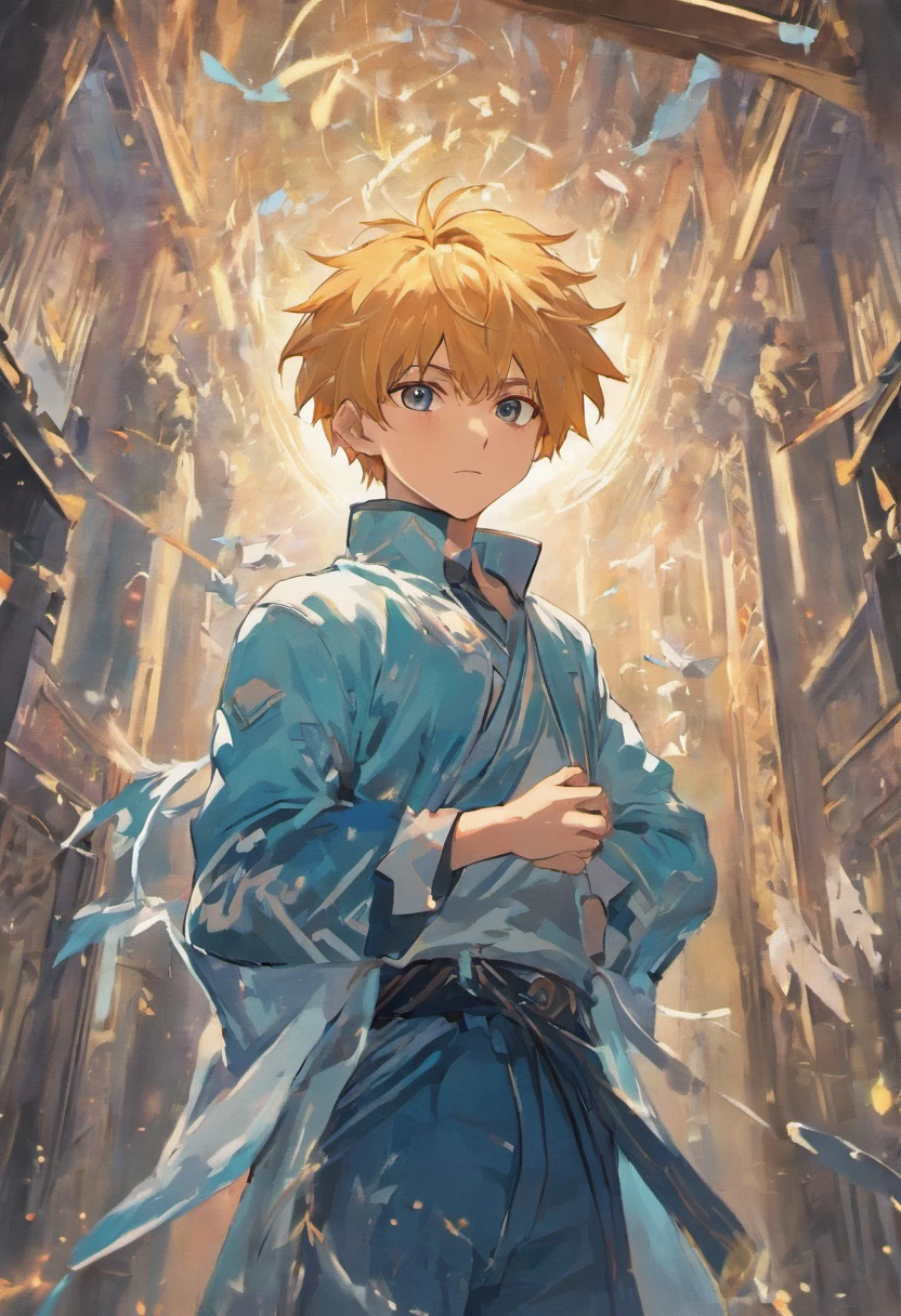 A good-looking boy，Abs，brush cut，Broken temple，with blue sky and white clouds