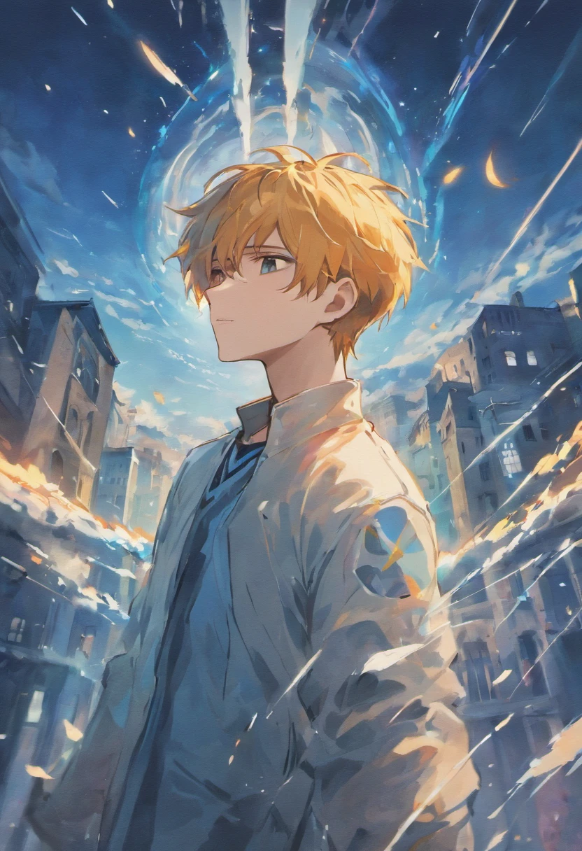 A good-looking boy，Abs，brush cut，Broken temple，with blue sky and white clouds