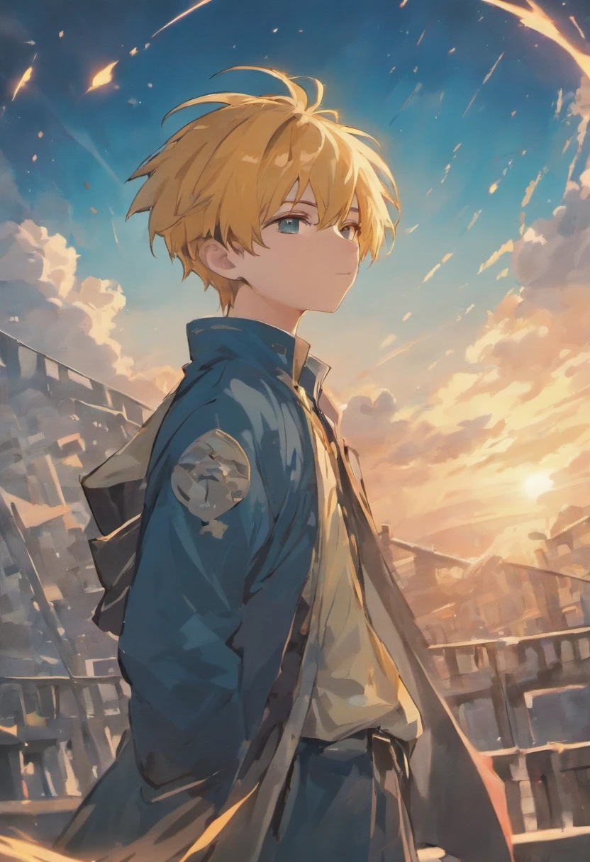 A good-looking boy,Abs,brush cut,Broken temple,with blue sky and white clouds