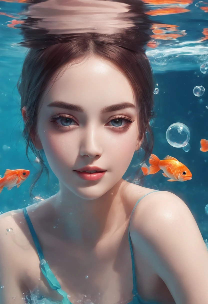 There is a girl swimming in the water, happy smile, sunny face, innocent girl, big, lots of blisters, bubbles, a lot of fish, cute digital painting, beautiful digital artwork, realistic effect, high texture