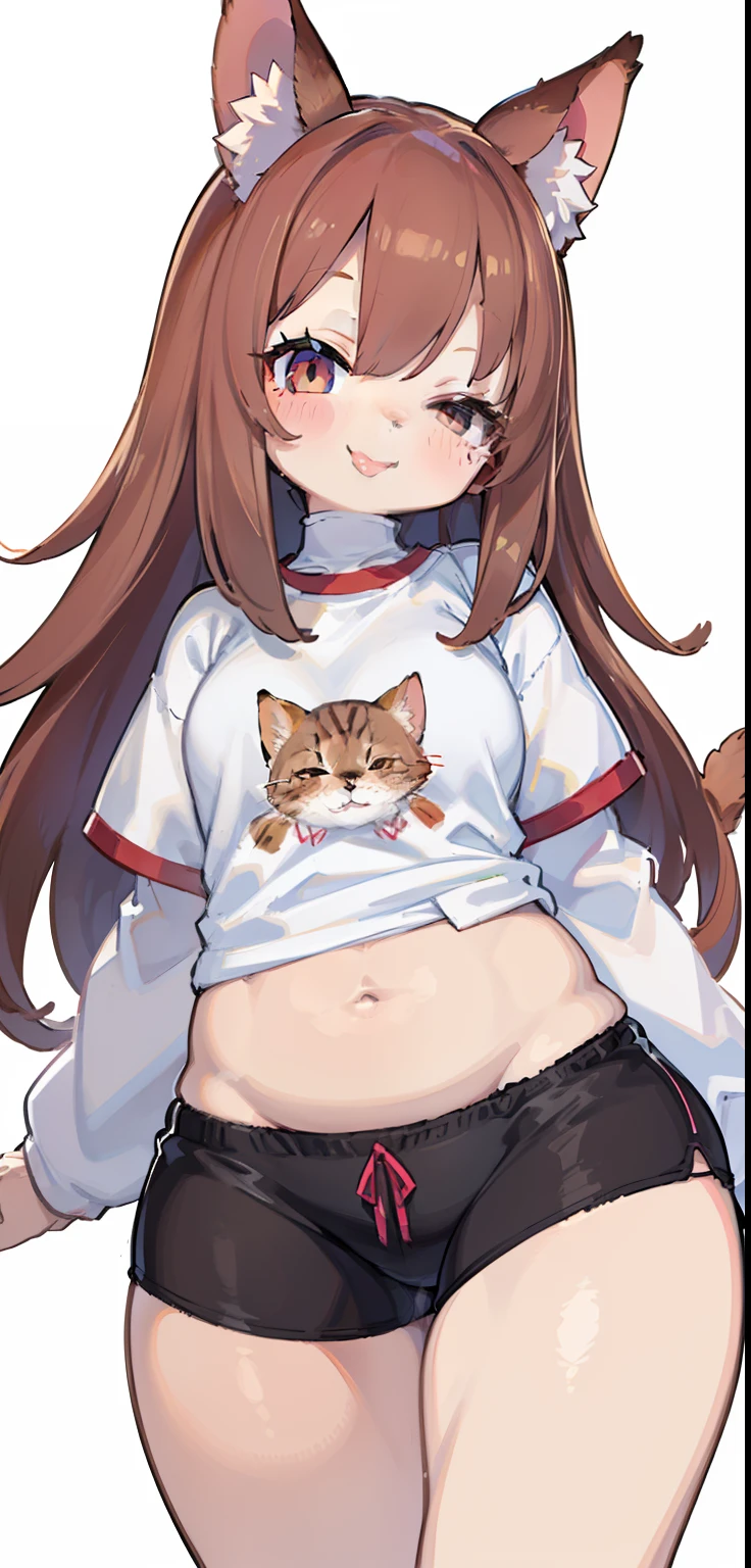 (sketch drawing), (close up), (adult body), ((mouth, smiling, detailed lips)), (slightly large chest), (thick legs), (large thighs), (red-colored cheeks) -pink), (white t-shirt), (showing belly), (perfect belly), (gym shorts), (brown cat ears), (Beautiful cat ears), (brown fur), (brown left eye), (right side of the eye closed), (tongue out), (long, straight hair loose), (bangs), (details in the strands), (white background),