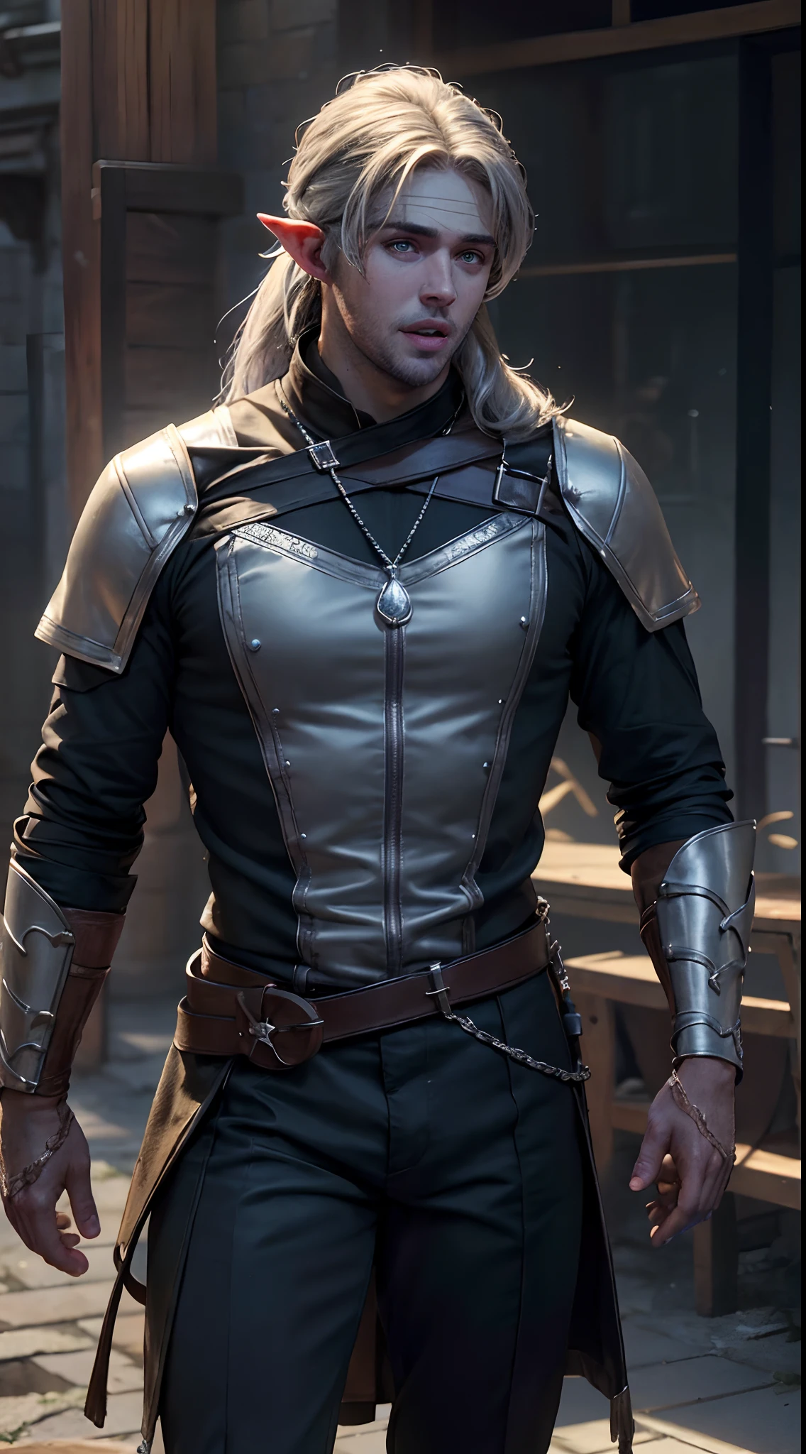 ((Best quality)), ((masterpiece)), (detailed:1.4), 3D, an image of a beautiful fantasy character ,HDR (High Dynamic Range),Ray Tracing,NVIDIA RTX,Super-Resolution,Unreal 5,Subsurface scattering,PBR Texturing,Post-processing,Anisotropic Filtering,Depth-of-field,Maximum clarity and sharpness,Multi-layered textures,Albedo and Specular maps,Surface shading,Accurate simulation of light-material interaction,Perfect proportions,Octane Render,Two-tone lighting,Wide aperture,Low ISO,White balance,Rule of thirds,8K RAW, ((Handsome man:2)) , ((mature man:1)) , red eyes , elf ears , extremely long hair , silver hair , hair in a ponytail,  ((muscular:1)), age 41