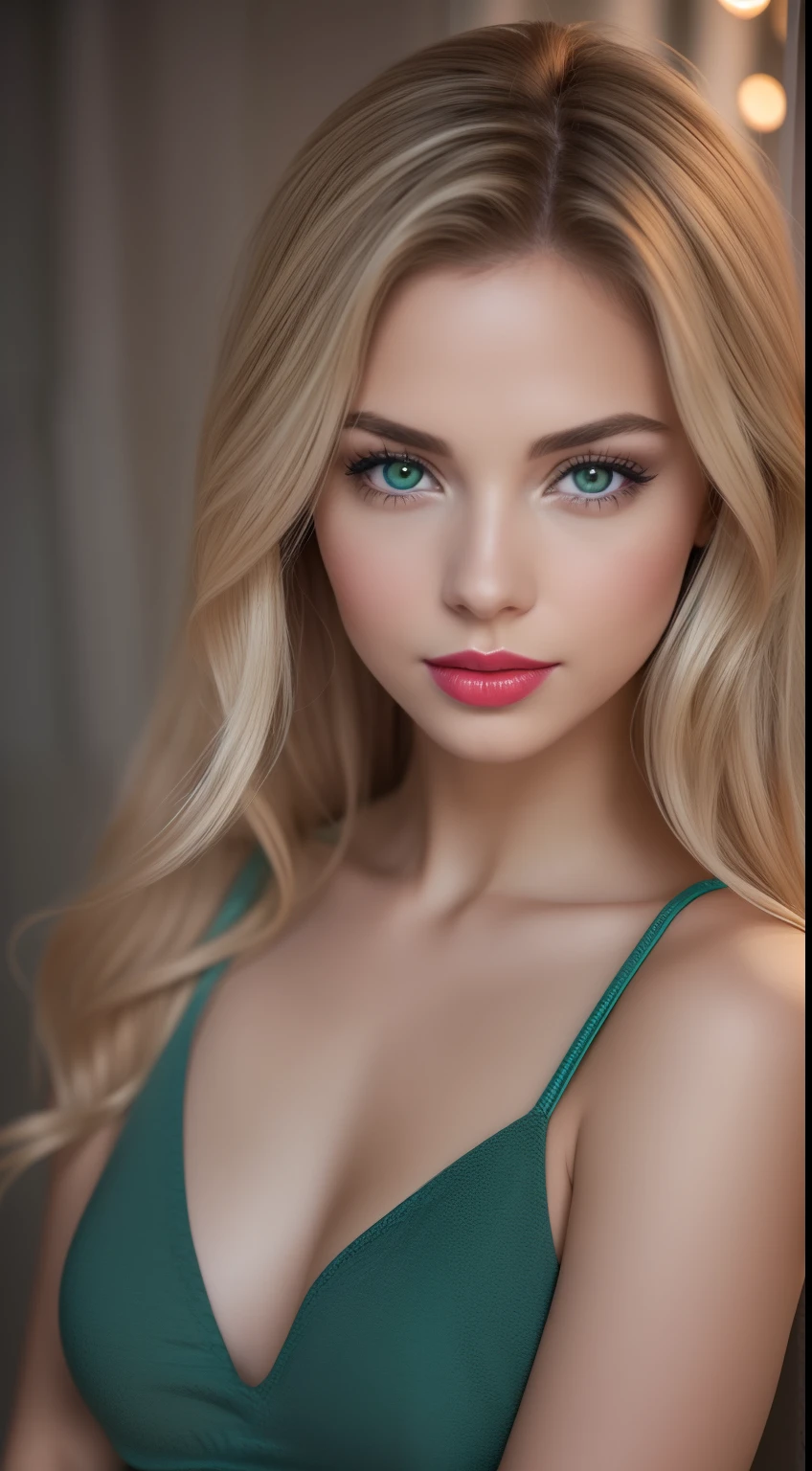 A young and beautiful woman, coiffed blonde hair,Gently drop to your shoulders in waves, Medium Tall, Big green eyes, with fair skin, She was in her pajamas, She was in bed, Do hair care before bedtime, The environment is illuminated by warm and pleasant lights,Make your hair sparkle, His face was naturally serene, Lips with red lipstick, 8K texture, highly detailed, realisticlying, Soft cinematic light, hdr, sharp fokus, tmasterpiece, Fotor is realistic, Award-winning photography, a Canon EOS R5, 35 mm