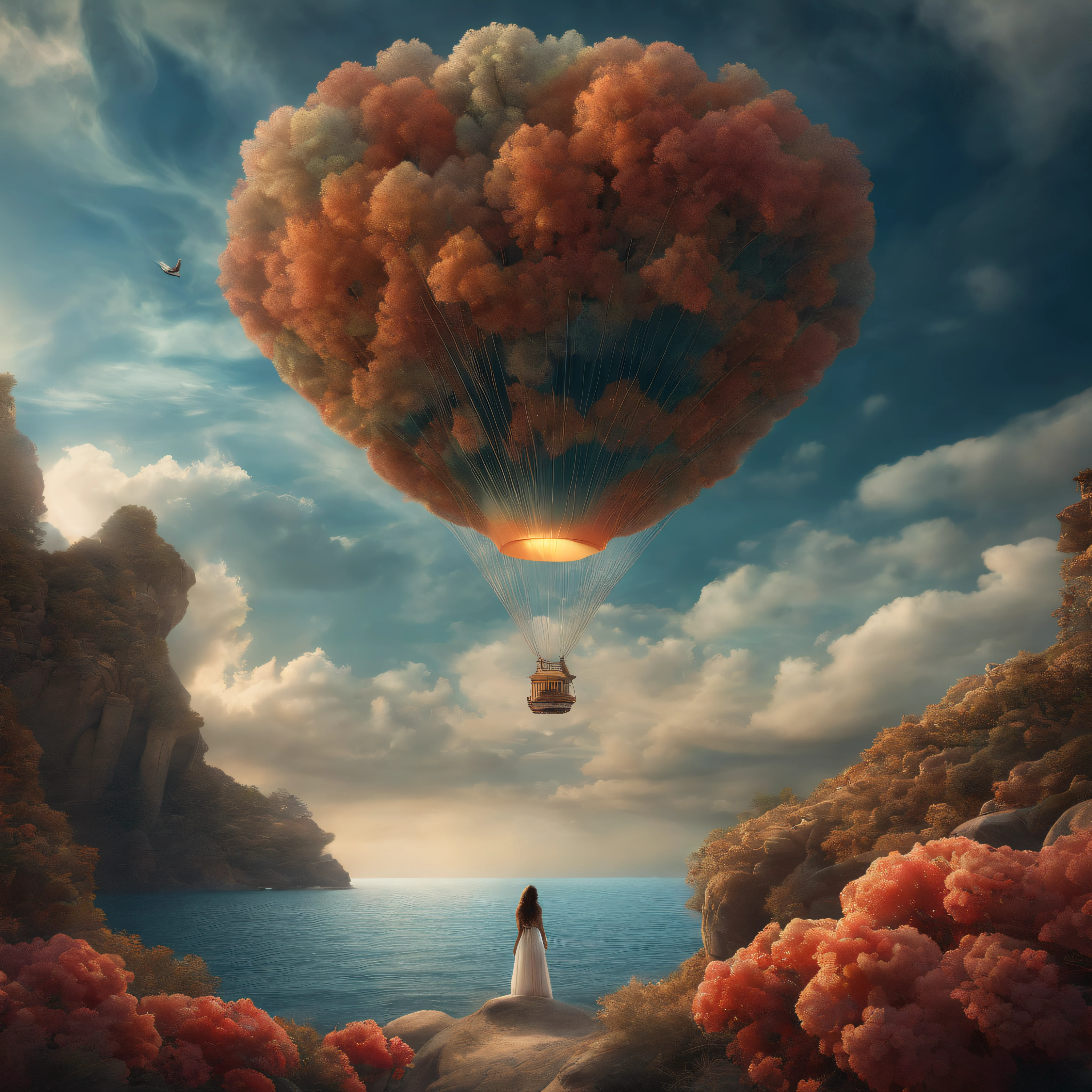 (Masterpiece, Top Quality, Best Quality, Official Art, Beautiful and aesthetic:1.2), (1.3 The Flying Girl from a Distance.....), Extremely detailed, Long shapeless hair, (fractal art:1.3), colourfull, Cinematic lighting, the ocean, sky, clouds, ethereal, beautiful scenery, aerial, corals