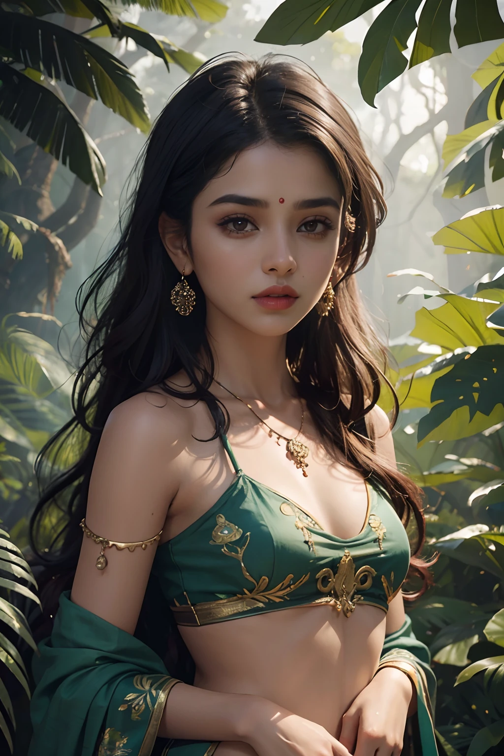 (1indiangirl:1.3),Solo,__Body parts__,
offcial art, Unity 8k wallpaper, Ultra detailed, Beautiful and aesthetic, Beautiful, Masterpiece, Best quality,Fantastical Atmosphere, Calming Palette, Detailed face, In the jungle, forest, Short and medium portraits, Bare skin, Beautiful bare shoulders, Sexy, unconcerned, bare shoulders​, unconcerned, NSFW,