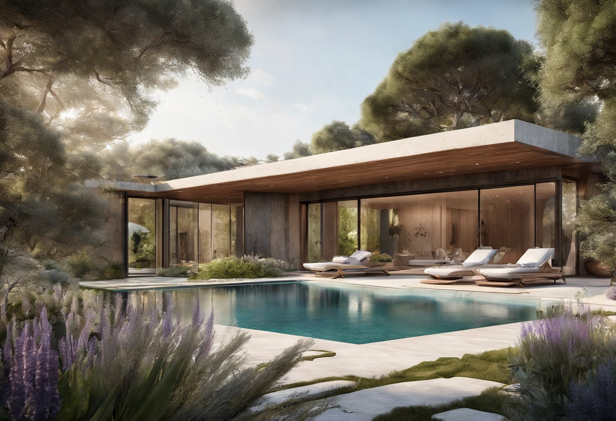 Organic modern architecture on a fairly large plot, From , there is a swimming pool in the middle of a large house of a flower, color of the house in chocolate brown and black beams, large modern residence, flat roofs and garden, render luxcore, render oktane, photoreal render, building rendering, mantra rendering, building rendering, Realistic rendering, archviz, wellness pool,  archviz, large green zones, with small zones of lavender flowers, green shrubs type lush green garden, as well as small water mirrors, swimming pool embedded in an area of sand, olive and pine trees around the house, paddle court next to the house