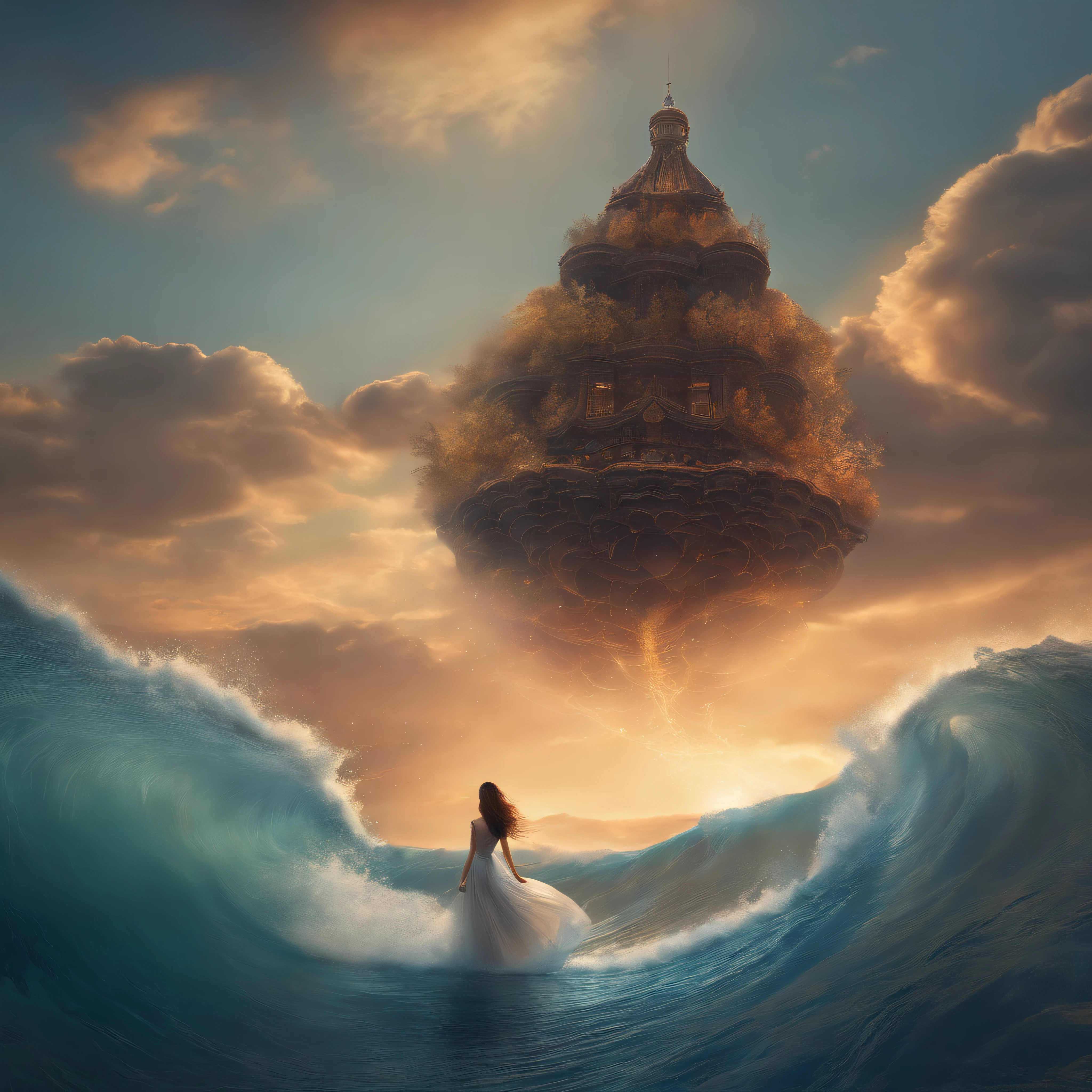 (Masterpiece, Top  Quality, Best Quality, Official Art, Beautiful and aesthetic:1.2), (1.3 The Flying Girl from a Distance....), Extremely detailed, Long shapeless hair, (fractal art:1.3), colourfull, Cinematic lighting, the ocean, sky, clouds, ethereal, beautiful scenery, aerial, corals
