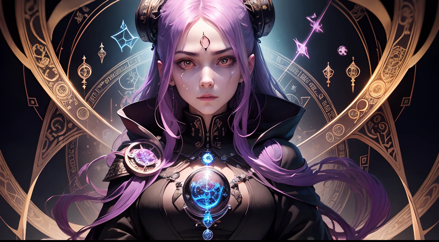 Surreal Alchemist: An female character portrait of a master alchemist, with face surrounded by alchemical symbols, distortion and surreal imagery captures the character's fascination with the esoteric and unknown, dynamic angle, award winning, masterpiece, intricate, hyper maximalism, fractal art, GlowingRunes_red