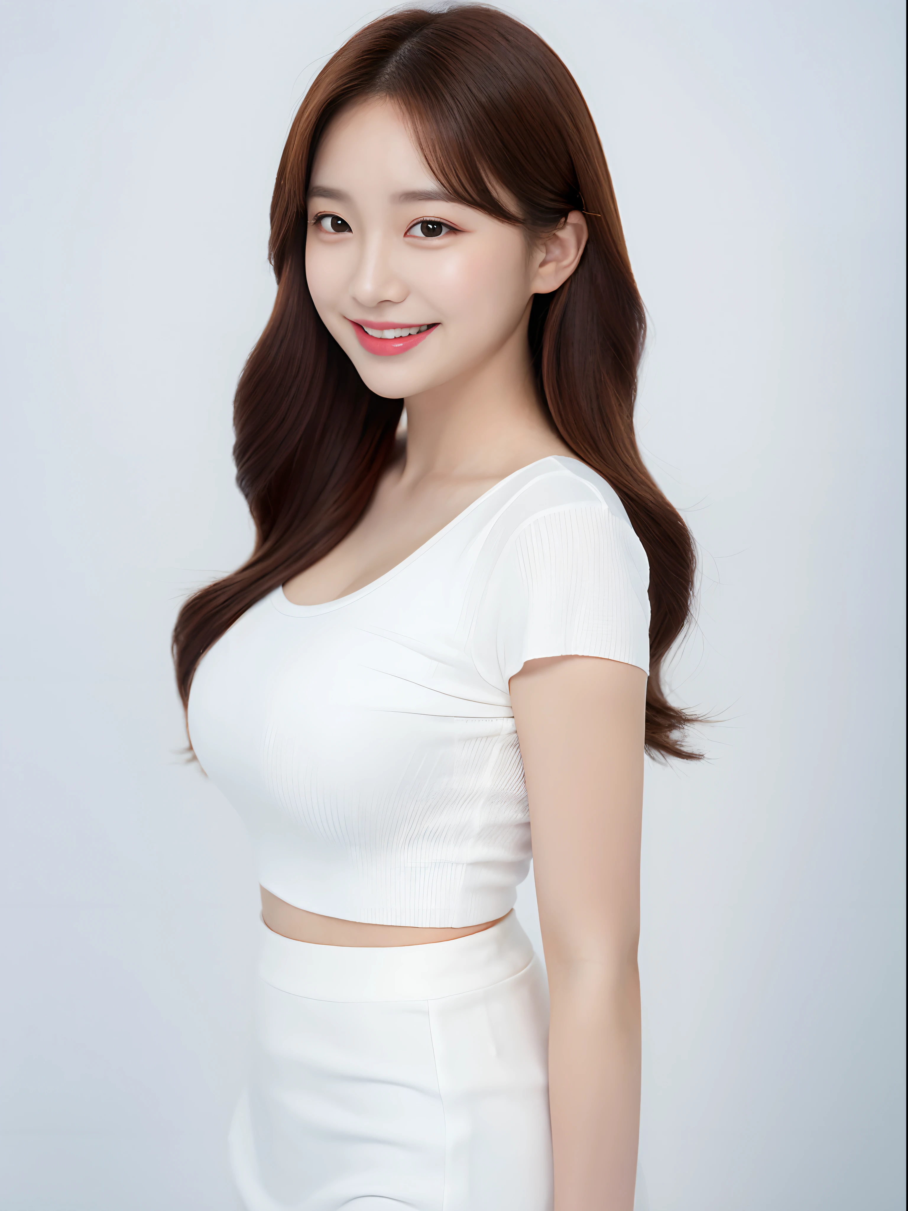 Best quality at best, ​masterpiece, 1Girl, beautifull face, (Photo Photorealistic:1.3), rim lighting, (High-detail skins:1.2), 8K UHD, DSLR, highs quality, high resolucion, 8K, Bokeh, absurderes, Best Ratio Four Fingers and One Thumb, (realisitic: 1.3), cute 1girl, white tea, mediuml breasts, short skirts, ((White background)), ((profile photo)), Smiling faces, Korean Idol Makeover