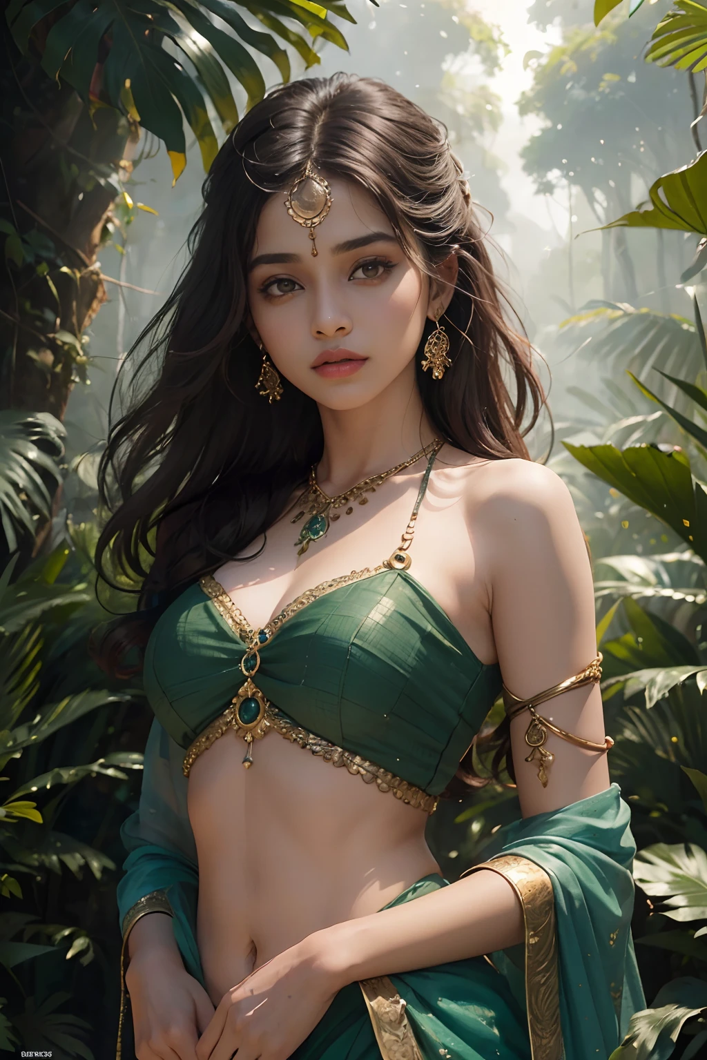 (1indiangirl:1.3),Solo,__Body parts__,
offcial art, Unity 8k wallpaper, Ultra detailed, Beautiful and aesthetic, Beautiful, Masterpiece, Best quality,Fantastical Atmosphere, Calming Palette, Detailed face, In the jungle, forest, Short and medium portraits, Beautiful bare shoulders, Sexy