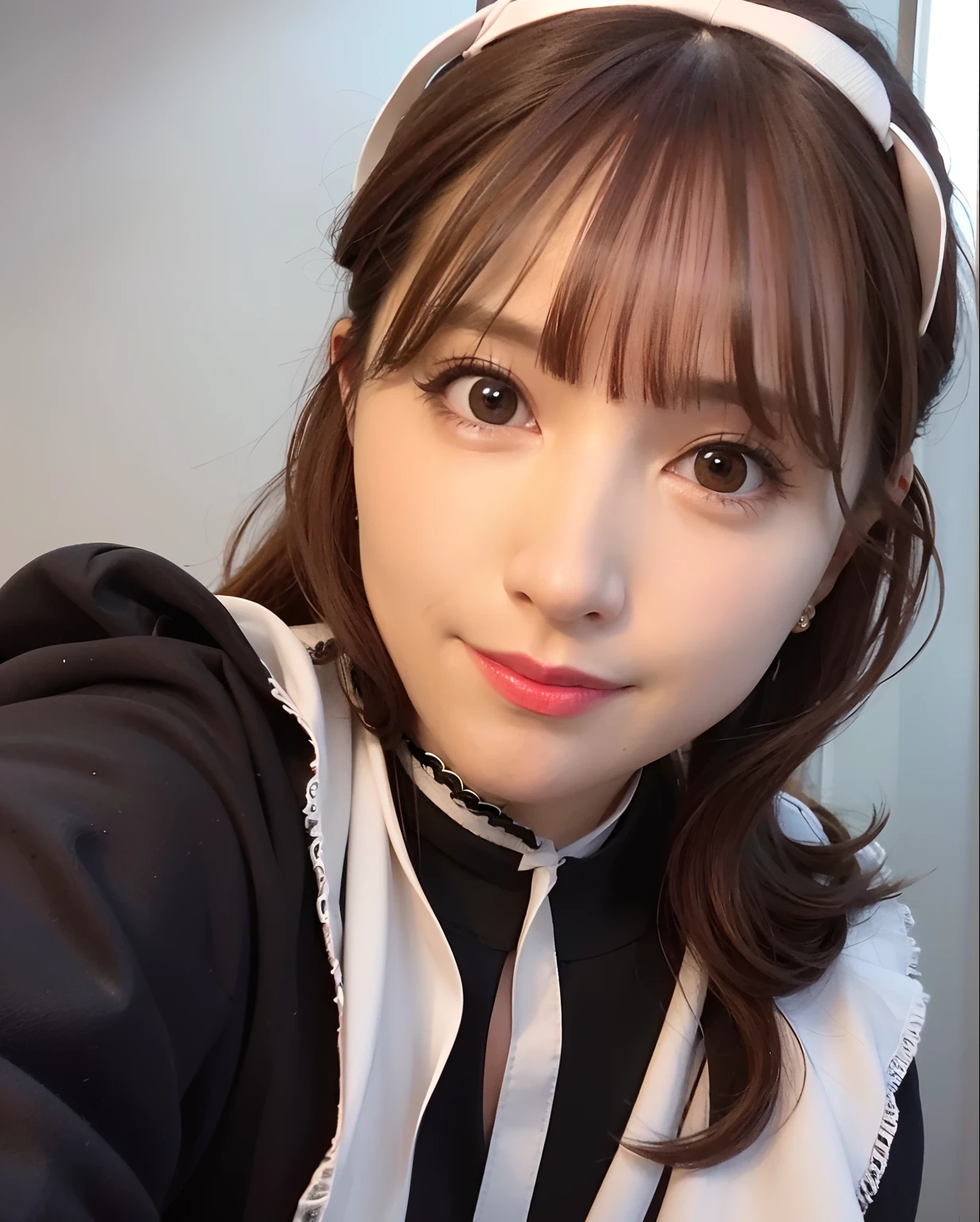 best quality, photorealistic, 8k, high res, 1girl, woman, (skindentation), (professional lighting), (portrait:0.6), (maid dress:1.897), gorgeous, ((brown hair)), (medium hair:1.6), (flowing hair:1.4), (1girl eyes looking at viewer:1), ((looking at viewer:1.6)), (1girl looking at the camera), photorealistic, (bokeh), (portait:0.6), (dynamic pose:1.2), masterpiece, intricate, realistic, sharp focus, award-winning photograph, sfw, (smile:1),