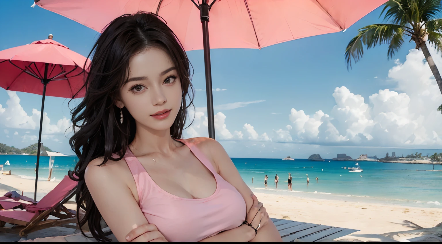 ((best qualtiy, 8K, tmasterpiece:1.3)), edgy:1.2, A beautiful woman with a perfect body:1.4, Slim Abs:1.2, ((Layered hairstyle, tits huge:1.5)), (Athens,the street:1.2),saturated:1.5,Highly detailed facial and skin texture,A detailed eye,Double eyelidd,Look at the camera sideways,open shirt,navels,exposed navel,Cover your chest with your hands,hands on breasts, , Sunny weather, seaside, waves, palm tree, White t-shirt and ripped shorts, Sunny weather, seaside, waves, palm tree, White t-shirt and ripped shorts, Sunny weather, seaside, waves, palm tree, (Pink Sport Tank Top T-Shirt & torn shorts), (Pink Sport Tank Top T-Shirt & torn shorts), (Pink Sport Tank Top T-Shirt & torn shorts), (Pink Sport Tank Top T-Shirt & torn shorts), (Pink Sport Tank Top T-Shirt & torn shorts), (Pink Sport Tank Top T-Shirt & torn shorts), (Pink Sport Tank Top T-Shirt & torn shorts), (Long hair), (Long hair), (Long hair), (White tank top t-shirt and ripped jeans), Super ultra mega super huge breasts, Super ultra mega super huge breasts, Super ultra mega super huge breasts, Super ultra mega super huge breasts, Super ultra mega super huge breasts, (She crossed her arms and said,), (She crossed her arms and said,), (She crossed her arms and said,), (She crossed her arms and said,), (Beach umbrellas, cocktail), (Beach umbrellas, cocktail), (Beach umbrellas, cocktail)(Sorrisos), (navels), (Sorrisos), (navels), (Sorrisos), (navels), (Sorrisos), (navels), (Sorrisos), (navels), (Sorrisos), (navels)