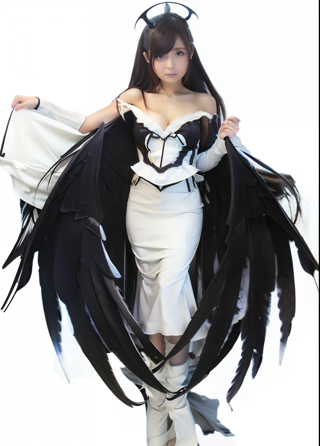 1girl, Albedo, White Dress, Succubus Horn, Black Wings, Long Hair, Black Hair, Realistic, Ultra Detail, 70mm lens,