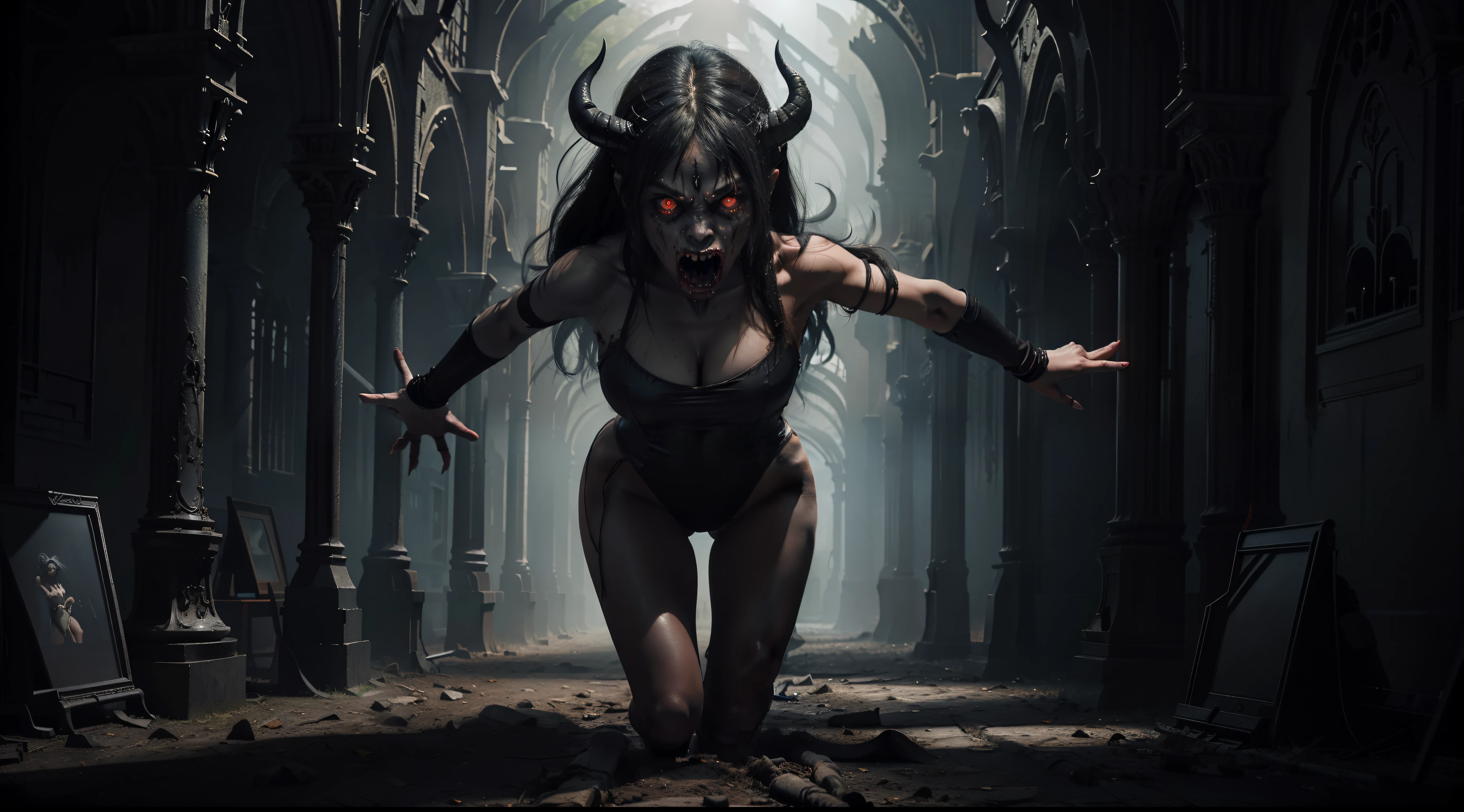 There's a scared woman dressed in thong leotard chased by a demon, fear expression, blurred demon chasing her, demon in the background, creepy figure behind her, figure chasing her, front view, frontal view, afraid, hunted, creepy, ominous background, cinematic, ultra detailed, photorealistic, masterpiece.