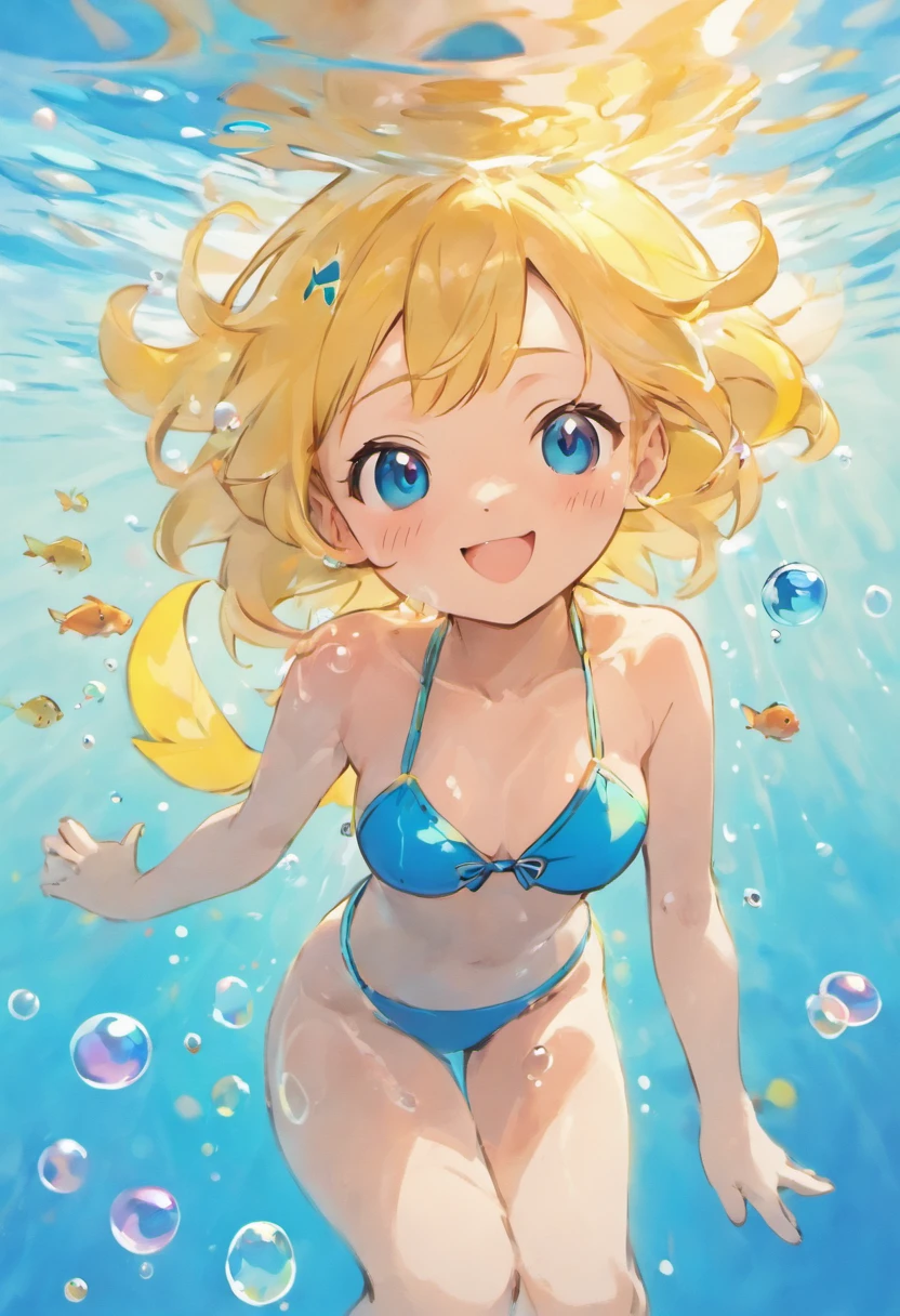 There is a girl swimming in the water, happy smile, sunny face, innocent girl, big, lots of blisters, bubbles, a lot of fish, cute digital painting, beautiful digital artwork, realistic effect, high texture