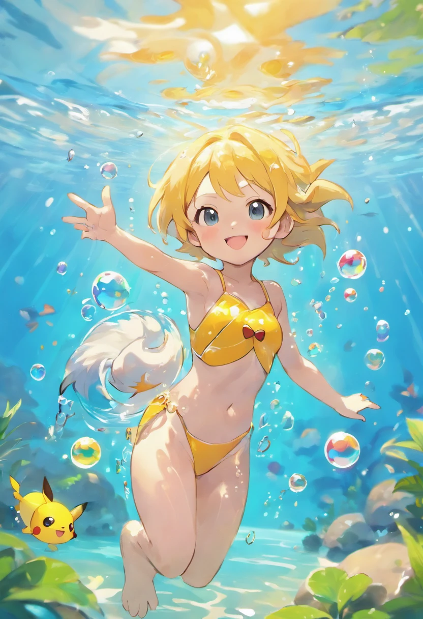 There is a girl swimming in the water, happy smile, sunny face, innocent girl, big, lots of blisters, bubbles, a lot of fish, cute digital painting, beautiful digital artwork, realistic effect, high texture