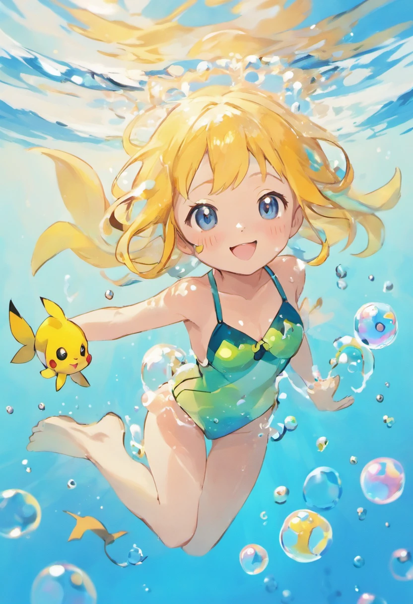 There is a girl swimming in the water, happy smile, sunny face, innocent girl, big, lots of blisters, bubbles, a lot of fish, cute digital painting, beautiful digital artwork, realistic effect, high texture