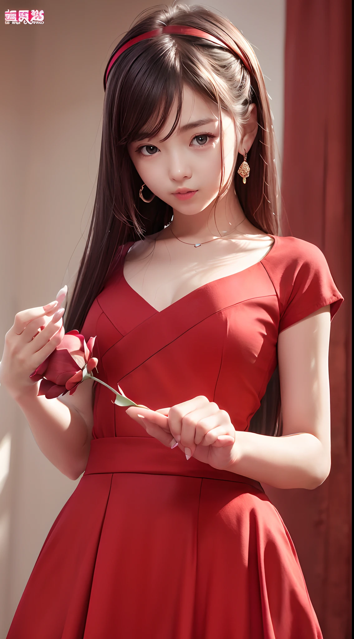 (Best quality, Masterpiece), (1girll, Solo, Black dress, standing , view the viewer, White hair, Red eyes, Holding a rose, Closed mouth, Upper body), (Red Dreamers are lagging behind, Red flower, )
