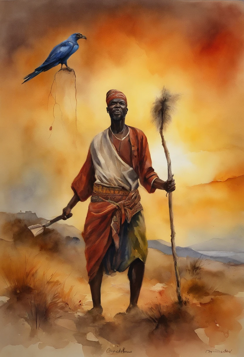 um rei africano envolvido pelo poder do fogo, montanhas, entardecer, holding an axe in his hands, confiante, master part, Qualidade Superior, best quality, alta qualidade, arte aquarela, pintura em tela, ultra-detalhado, fire in the background, cores vibrantes, sozinho, extremamente detalhado