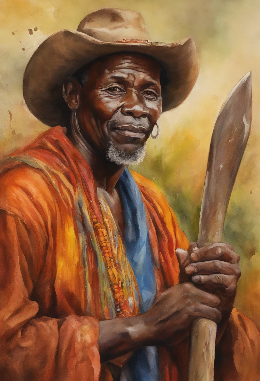um rei africano envolvido pelo poder do fogo, montanhas, entardecer, holding an axe in his hands, confiante, master part, Qualidade Superior, best quality, alta qualidade, arte aquarela, pintura em tela, ultra-detalhado, fire in the background, cores vibrantes, sozinho, extremamente detalhado