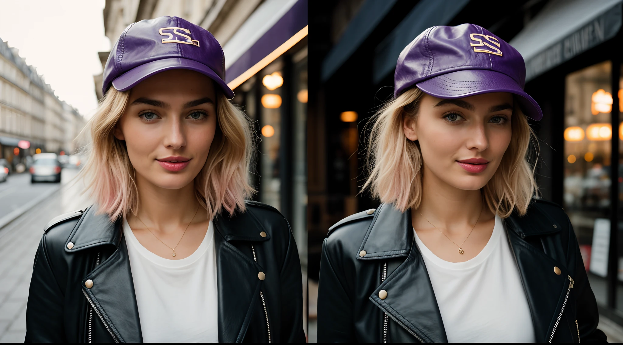 RAW photo, face portrait photo of beautiful 30 y.o 1woman, cute face, blue eyes, gentle pink lipstick, andreea diaconu mix monika jagaciak, blonde thin hair french bob, short hair, face profile, wearing oversized long purple leather jacket, rock style, baseball cap, zara backpack, cinematic shot, paris street cafe, soft lighting, fuji superia 400
