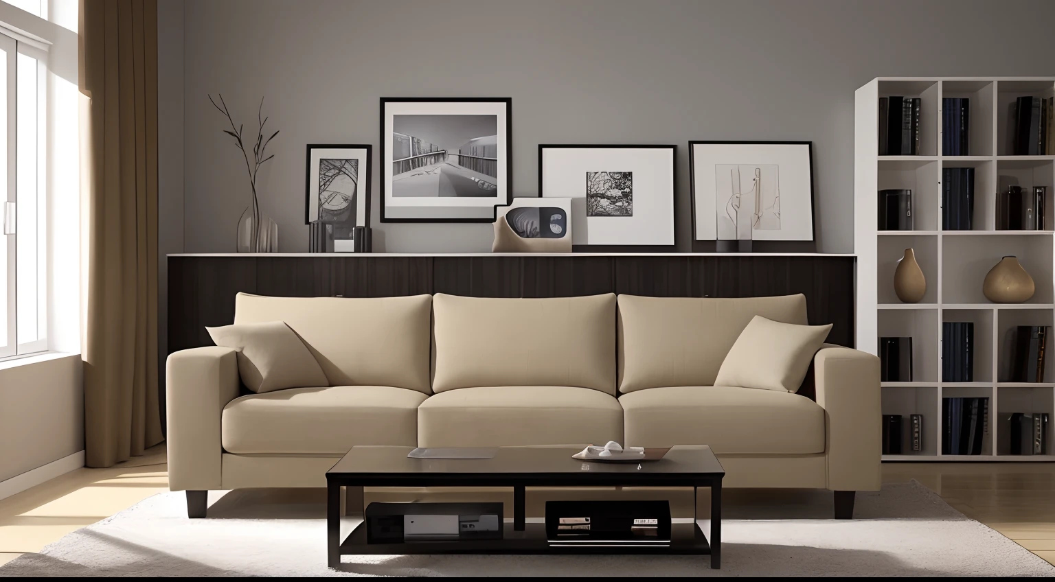 Close-up of the living room with sofa and TV, short bookshelf, full subject shown in photo, 1128x191 resolution, Detailed shots, High quality photos, Simple picture quality is high, , Beautiful, beautiful high resolution, furniture and decor, High quality details, Highly detailed wide angle, high-quality picture