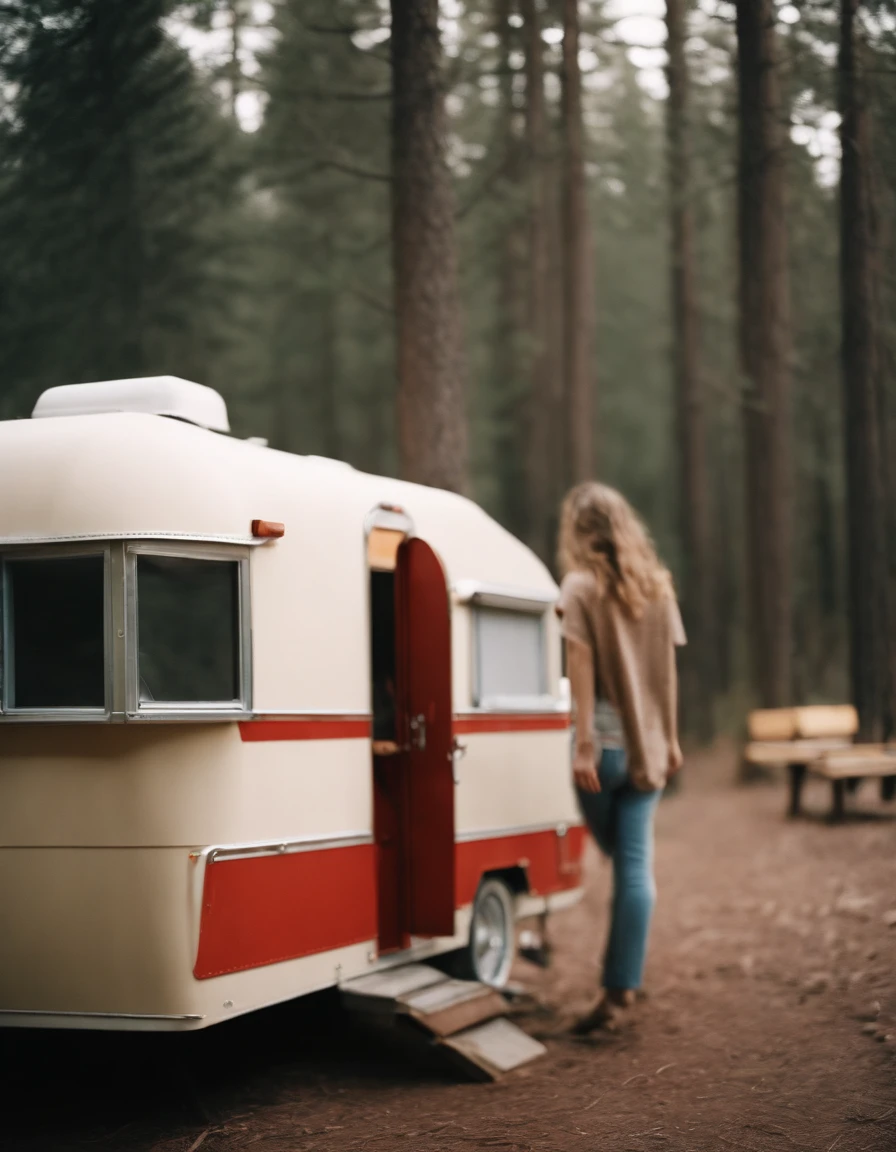 analog photography, ((upper body)), grain film, vintage photo, portra 400, flash, in the style of lo-fi aesthetics, a girl in near a camping trailer, light beige and red,