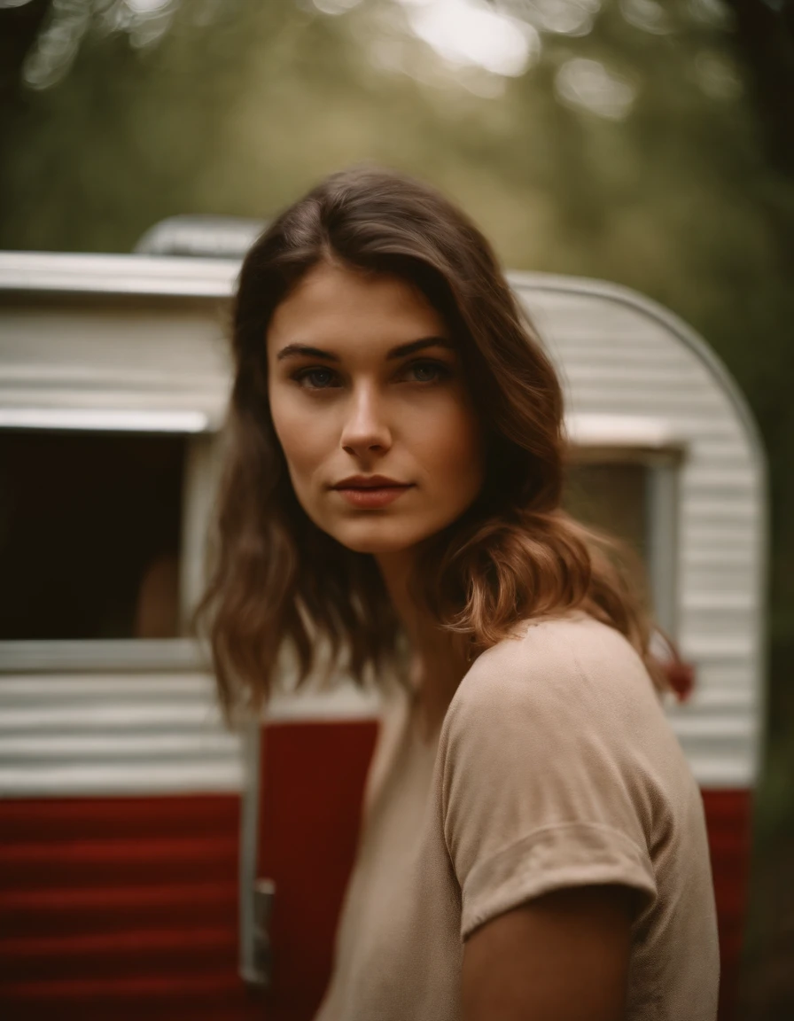 analog photography, ((upper body)), grain film, vintage photo, portra 400, flash, in the style of lo-fi aesthetics, a girl in near a camping trailer, light beige and red,