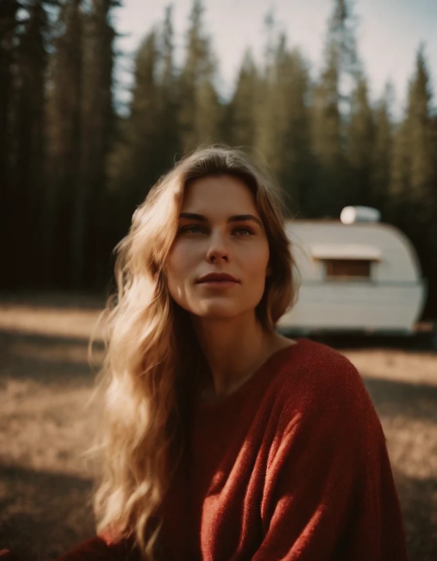 analog photography, ((upper body)), grain film, vintage photo, portra 400, flash, in the style of lo-fi aesthetics, a girl in near a camping trailer, light beige and red,