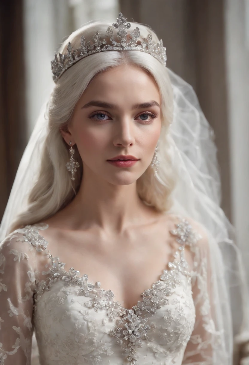 (Masterpiece, Best quality: 1.4), Detailed background, White crystal, Crystal clusters,Long hair,jewelry, Earrings, necklace, crown, Bride, White hair, Halo,