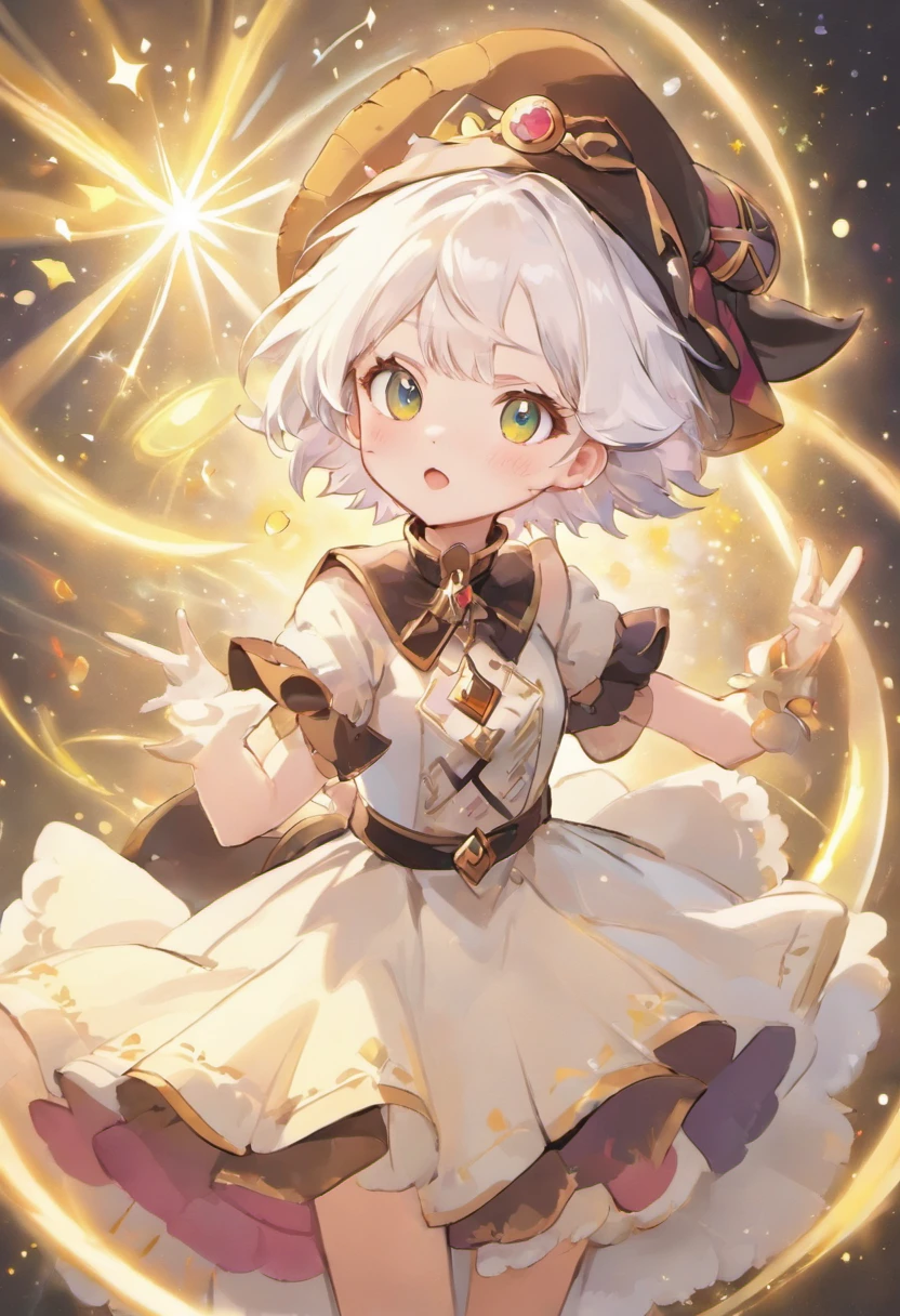 (Masterpiece), (art work), (Amazing work), (Detailed eyes), (Delicate skin), (heterochromatic eyes), (Multicolored), (Short white hair with bangs), (Sparkling eyes), (1girll) Wear a witch hat, Ancient, Old, Dress in extravagant medieval costumes, Masterpiece, Best quality, Best Singing Singer, Best Illustration