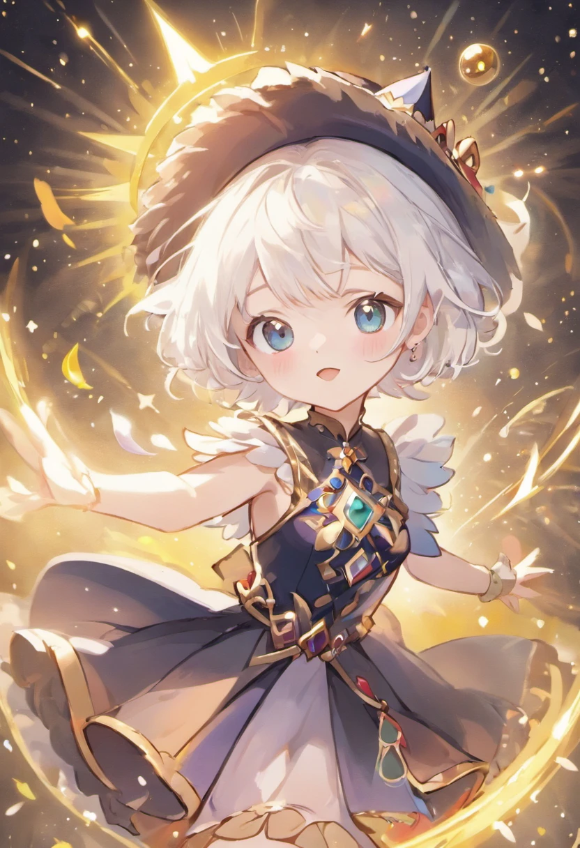 (Masterpiece), (art work), (Amazing work), (Detailed eyes), (Delicate skin), (heterochromatic eyes), (Multicolored), (Short white hair with bangs), (Sparkling eyes), (1girll) Wear a witch hat, Ancient, Old, Dress in extravagant medieval costumes, Masterpiece, Best quality, Best Singing Singer, Best Illustration