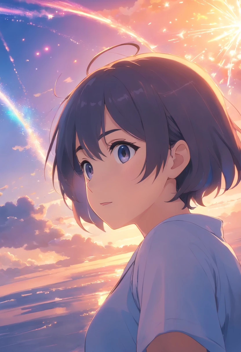 tmasterpiece,best qualtiy,cinematic Film still from,1girl,Cloud Girl,Pure love,Floating in the sky,closeup cleavage,brightly,cheerfulness,Warm and soft lighting,the sunset,(spark of light:0.7)