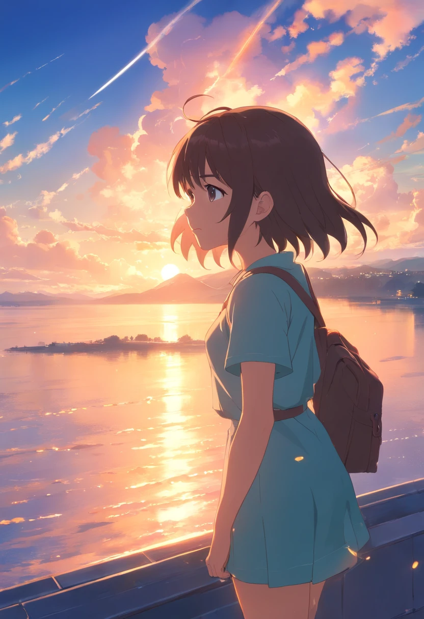tmasterpiece,best qualtiy,cinematic Film still from,1girl,Cloud Girl,Pure love,Floating in the sky,closeup cleavage,brightly,cheerfulness,Warm and soft lighting,the sunset,(spark of light:0.7)