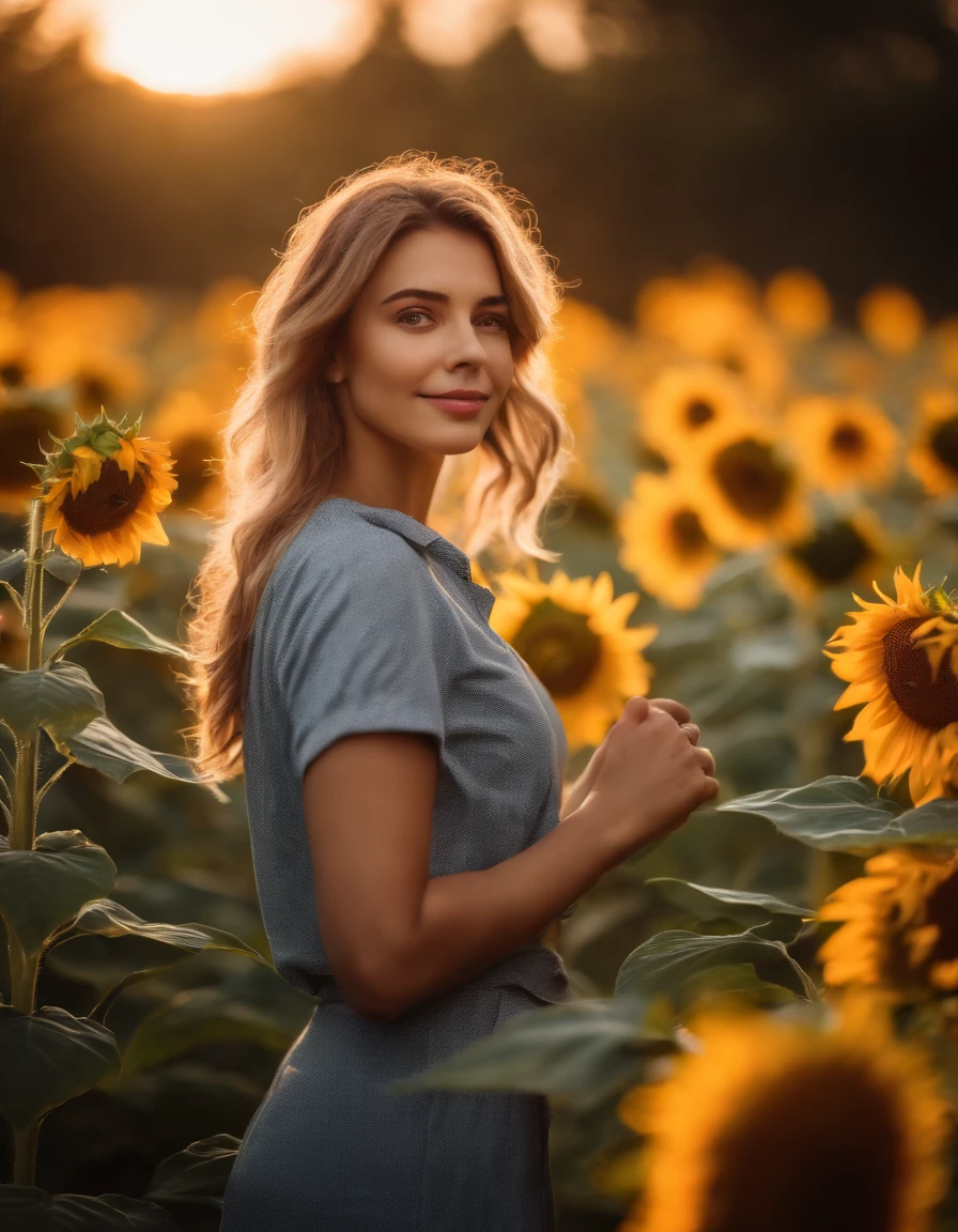 Best quality,masterpiece,ultra high res,photorealistic,raw photo,unity 8k wallpaper, panorama, cinematic lighting, on Sunflower garden, sunset, dappled sunlight, golden hour lighting, backlighting, blurry background, (lens flare), wind, pastel colors, soft light, 1girl,floating short hair, sad,upper body