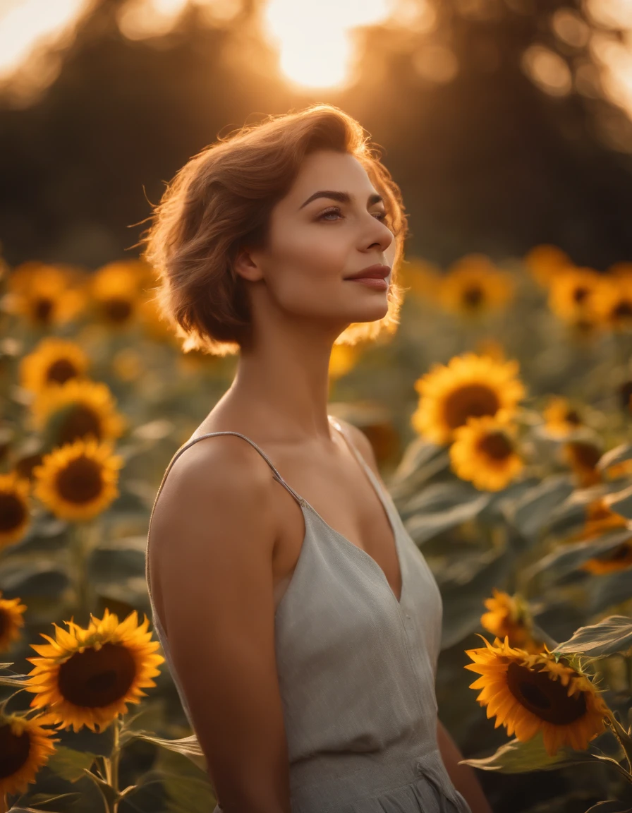 Best quality,masterpiece,ultra high res,photorealistic,raw photo,unity 8k wallpaper, panorama, cinematic lighting, on Sunflower garden, sunset, dappled sunlight, golden hour lighting, backlighting, blurry background, (lens flare), wind, pastel colors, soft light, 1girl,floating short hair, sad,upper body