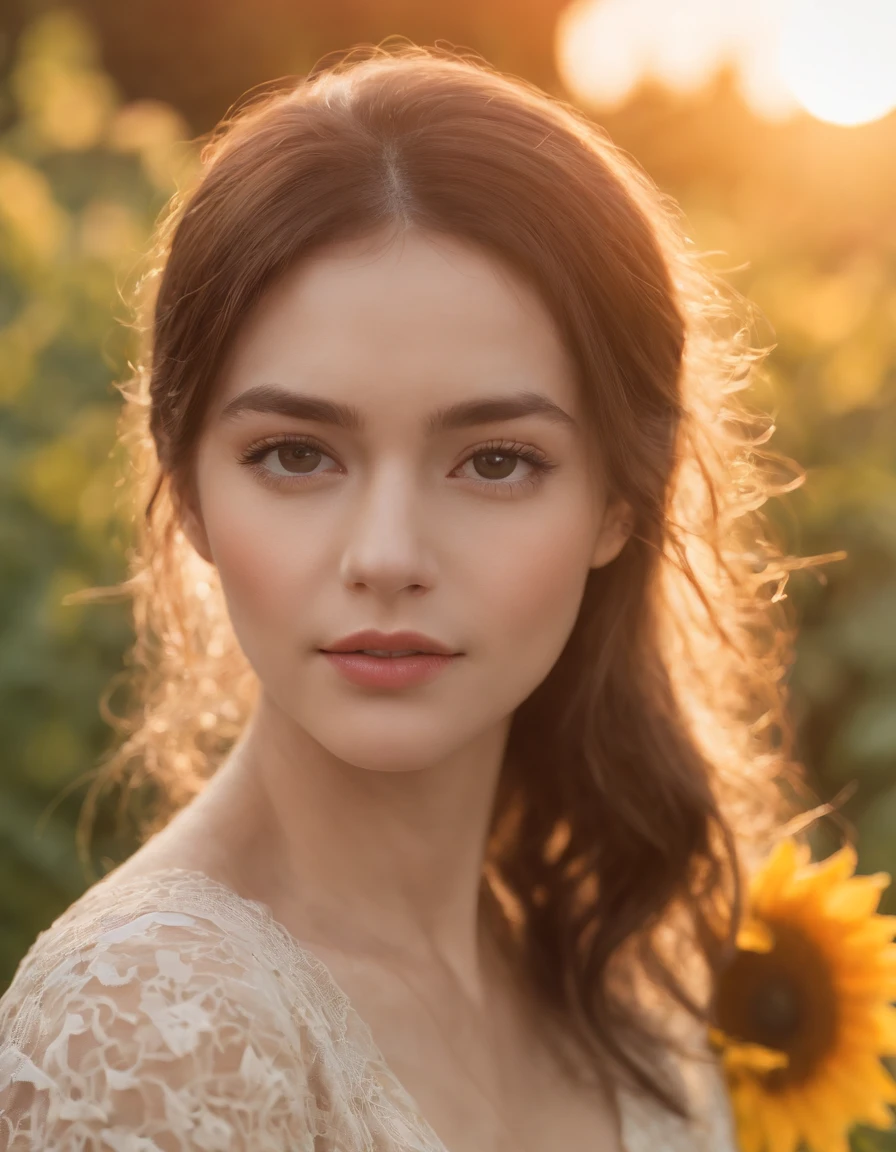 Best quality,masterpiece,ultra high res,photorealistic,raw photo,unity 8k wallpaper, panorama, cinematic lighting, on Sunflower garden, sunset, dappled sunlight, golden hour lighting, backlighting, blurry background, (lens flare), wind, pastel colors, soft light, 1girl,floating short hair, sad,upper body
