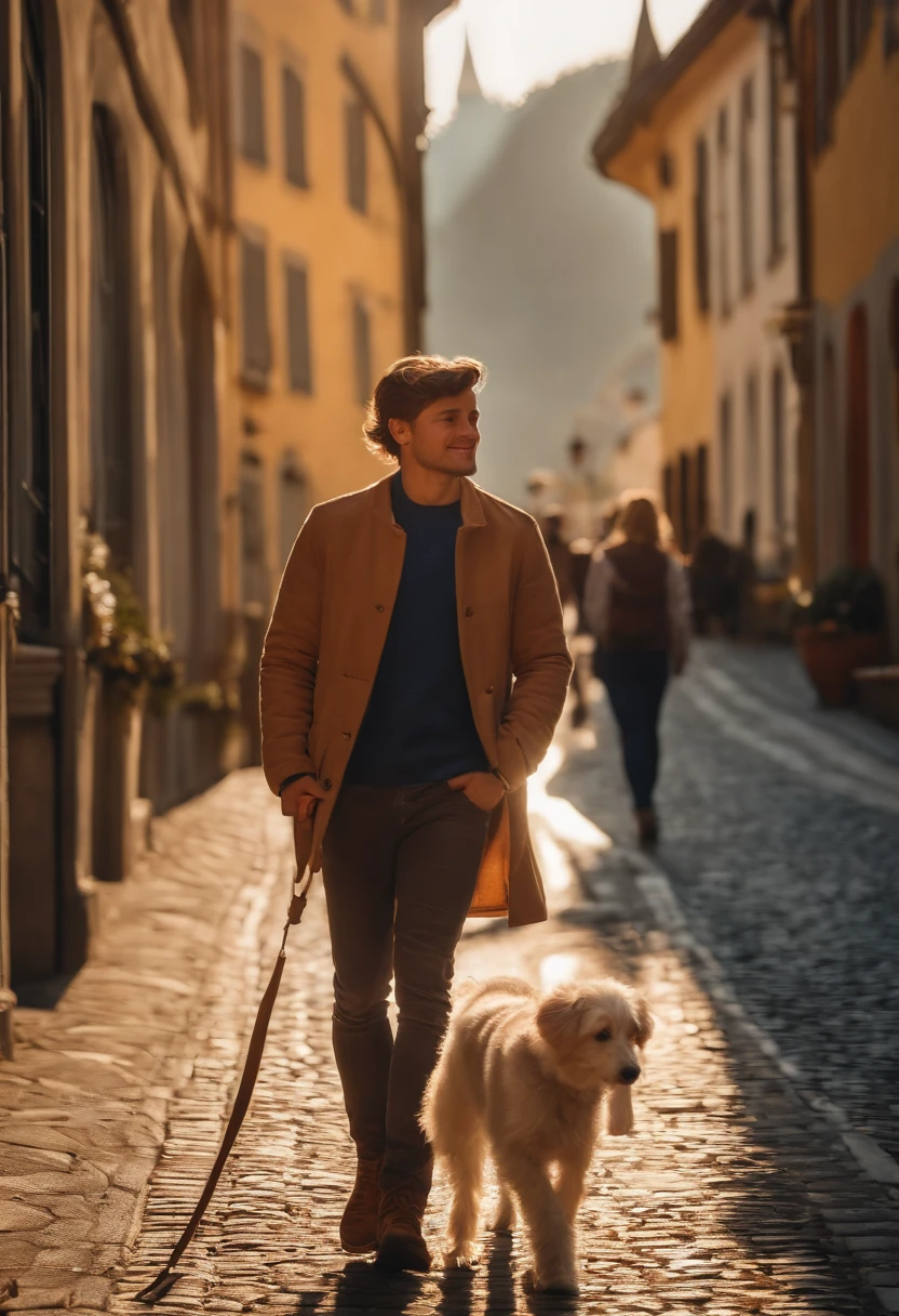 (Young man walking the streets of Switzerland with dog),oil painting,detailed scenery,highres,realistic,portrait,beautiful cityscape,vibrant colors,sunlit streets,happy atmosphere,joyful girl,historic architecture,picturesque alleys,cozy cafes,bustling market,serene mountains,lush greenery,fresh air,blue skies,old stone bridges,cobblestone streets,cute dog,steady brushstrokes,rich textures,playful interaction between girl and dog,warm sunlight streaming through the trees,sharp focus,captivating expressions,jovial mood,immersive city experience,peaceful countryside,friendly locals,authentic Swiss culture,heartwarming scene