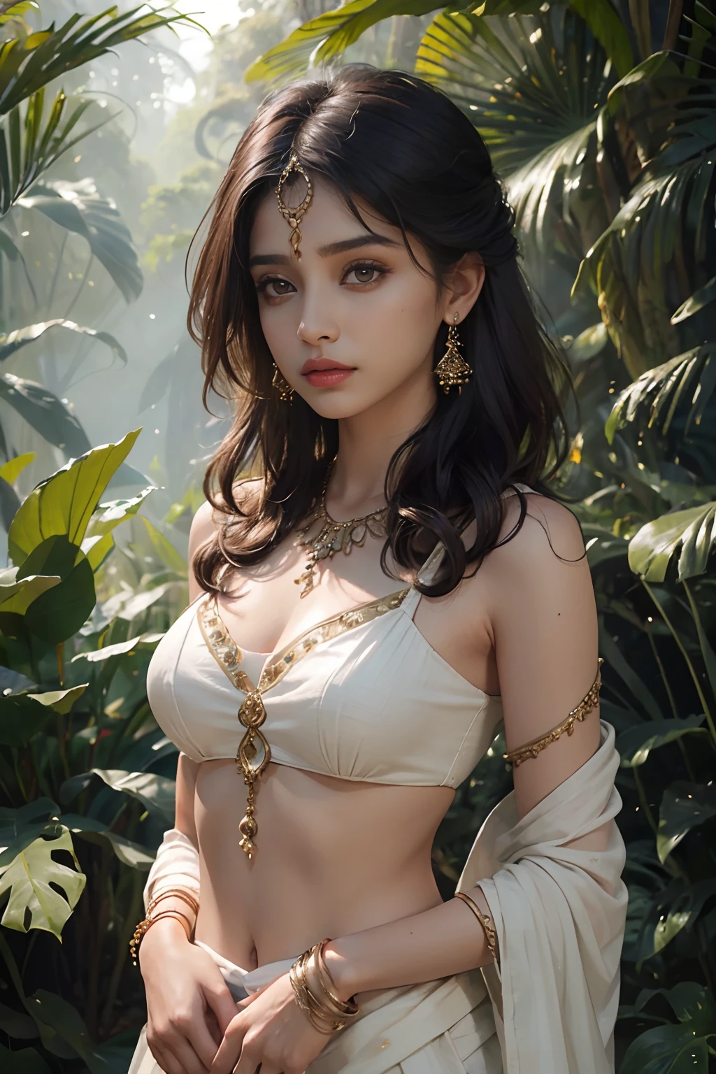 (1indiangirl:1.3),Solo,__Body parts__,
offcial art, Unity 8k wallpaper, Ultra detailed, Beautiful and aesthetic, Beautiful, Masterpiece, Best quality,Fantastical Atmosphere, Calming Palette, Detailed face, In the jungle, forest, Short and medium portraits, Beautiful bare shoulders, Sexy，Wearing white tulle