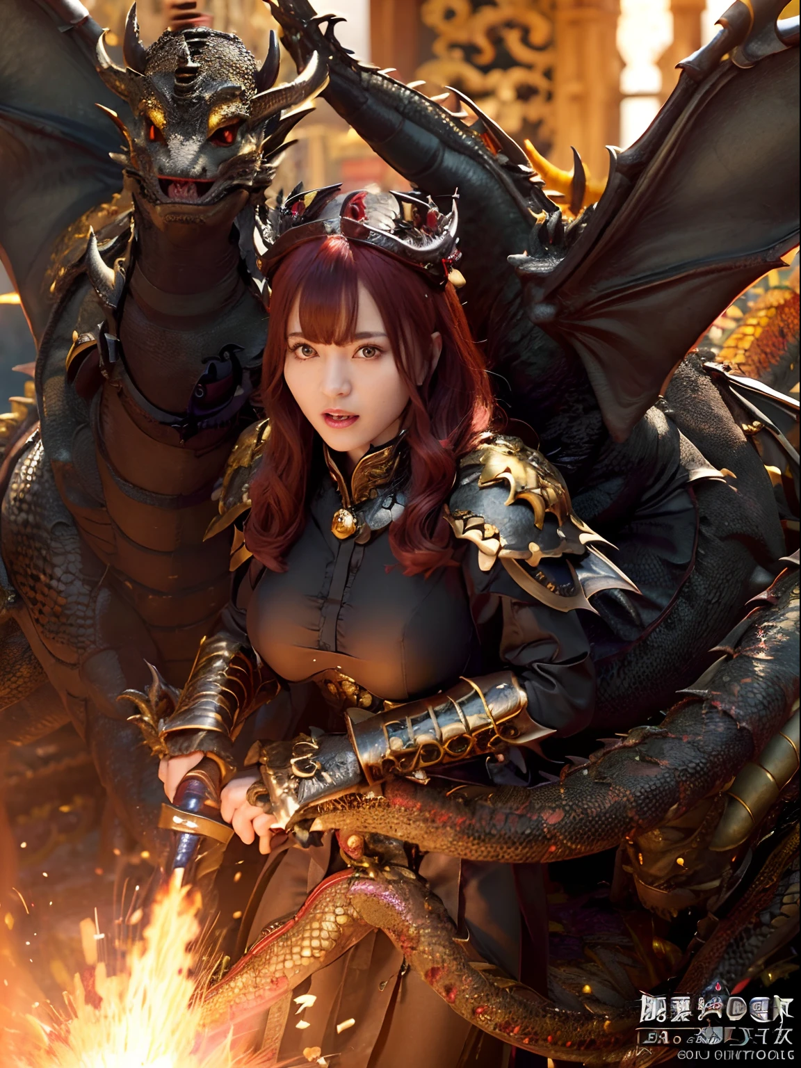 Professional , masterpiece、top-quality、photos realistic , depth of fields 、(Fight the Dragon Knight with the Dragon Mask),(Dragon Black Metal Body:1.4),(Matte Black、(cleavage of the breast)、(Fight dragons)、(Seductive look)、Dragon Gold Weapon、Mystical expression、(bikini-armor),Gorgeous gold weapons ,(( Dragon's dense and gorgeous sword)) , Beautiful knife ,warhammer 40k , adepta sororitas,Detail and gorgeous crown、((Red hair))、(Castle background)、The dragon、((Gangle's forest background))、Beautiful Caucasian beauty、(1a person)、dynamic ungle,(((Detailed and ornate dragon helmet)))、Smaller head、Castle background、Thin and beautiful female hands、cleavage of the breast、Soldier in iron armor on background、Mystical expression、Light Effects、intense fighting、Wind-effect、magic circles、With the legendary magic wand、(demonic wings)、Toostock、