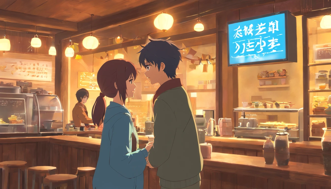 Show a cozy coffee shop scene where Rena and Eugene have their first encounter. Make it warm and inviting.