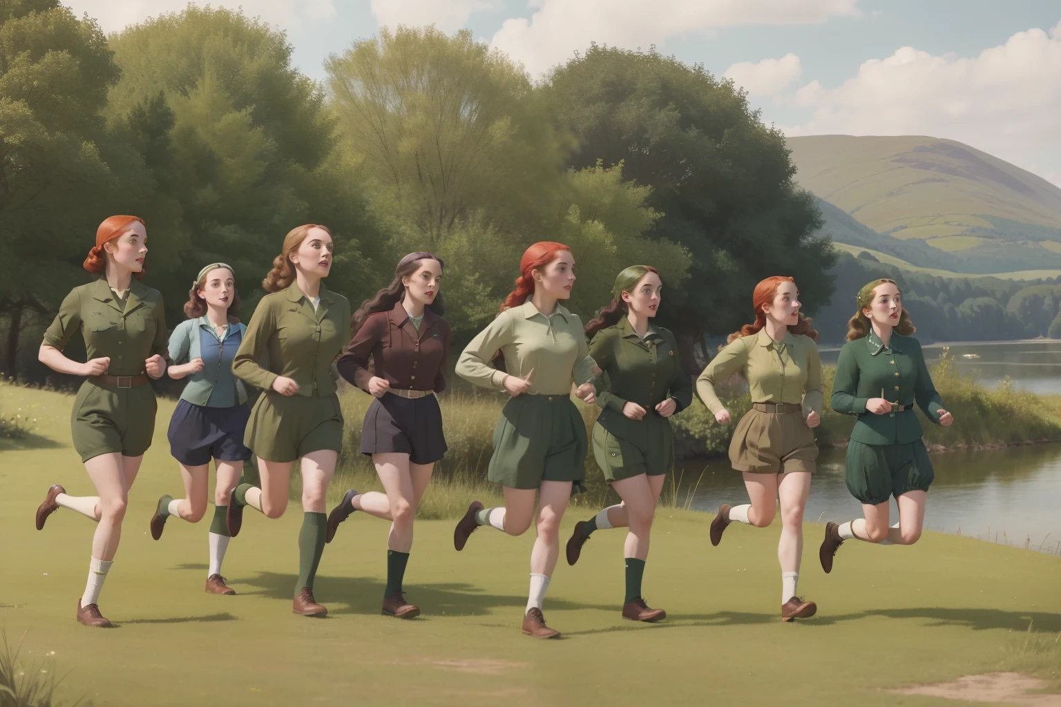 pre-raphaelite scene with a group of women in military green shirts and shorts, running, training, next to a scotish lake, ((1940s clothes)) ((1940s hairstyles)) ((in the style of "OMITB"))
