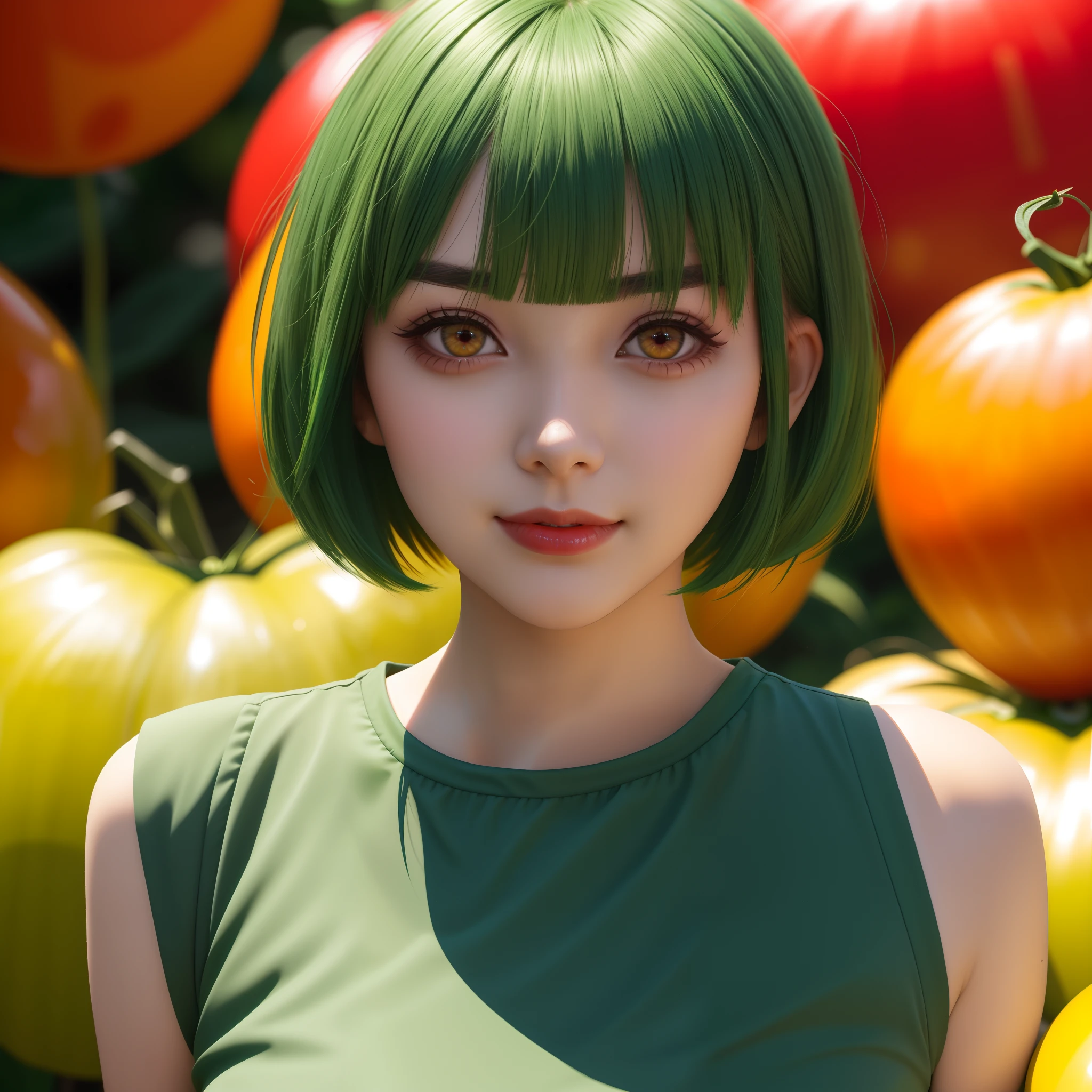 1 girl, short detailed hair, Cute、bright expression、Very beautiful face, beautiful red eye, Dazzling green hair、Eyebrows behind bangs, Bright pupils, NFFSW, NFFSW, High details, Best quality, 4K, A high resolution、full bodyesbian, Tomato costume,